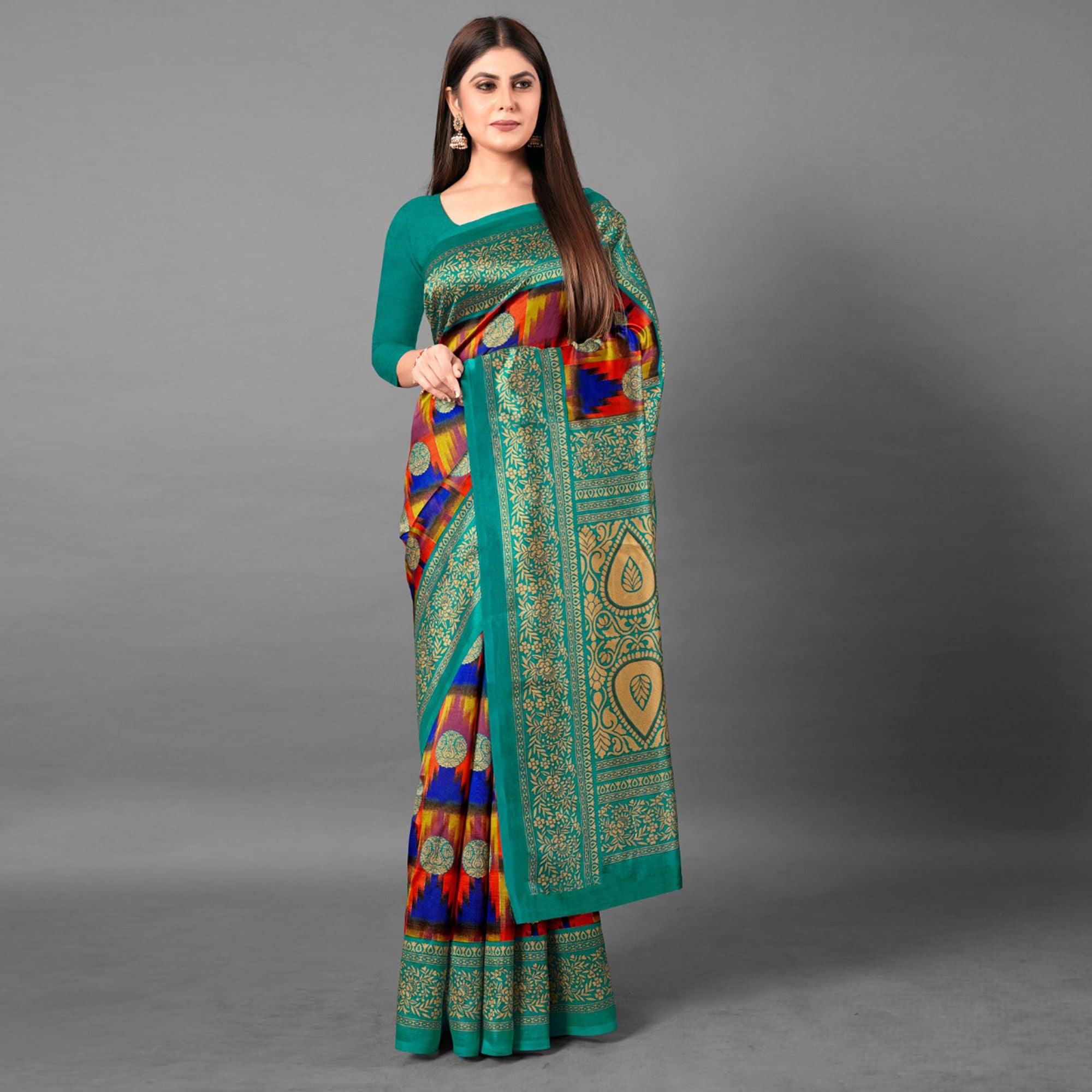 Multicolor Casual Wear Geometric Art Silk Saree - Peachmode