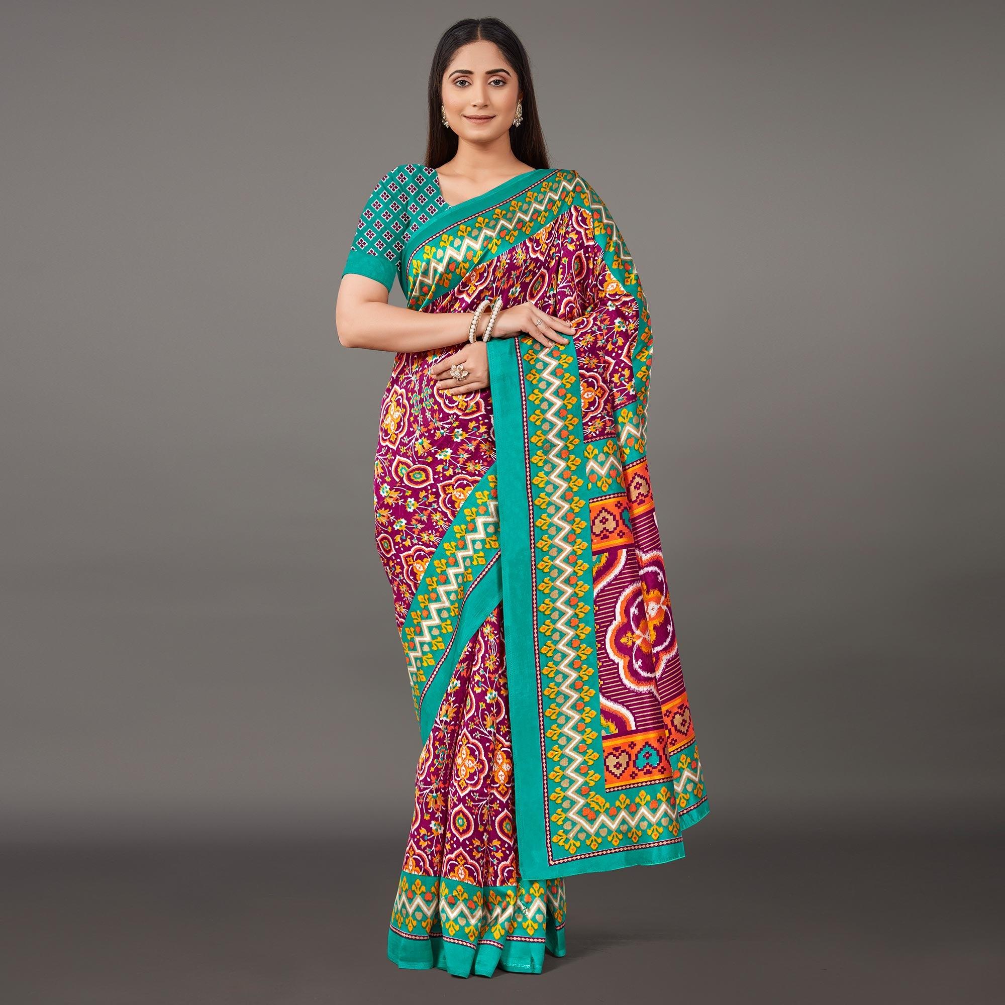Multicolor Casual Wear Geometric Printed Art Silk Saree - Peachmode