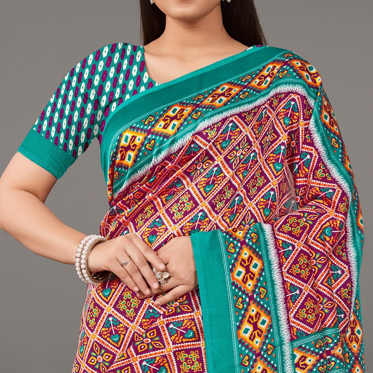 Multicolor Casual Wear Geometric Printed Art Silk Saree - Peachmode