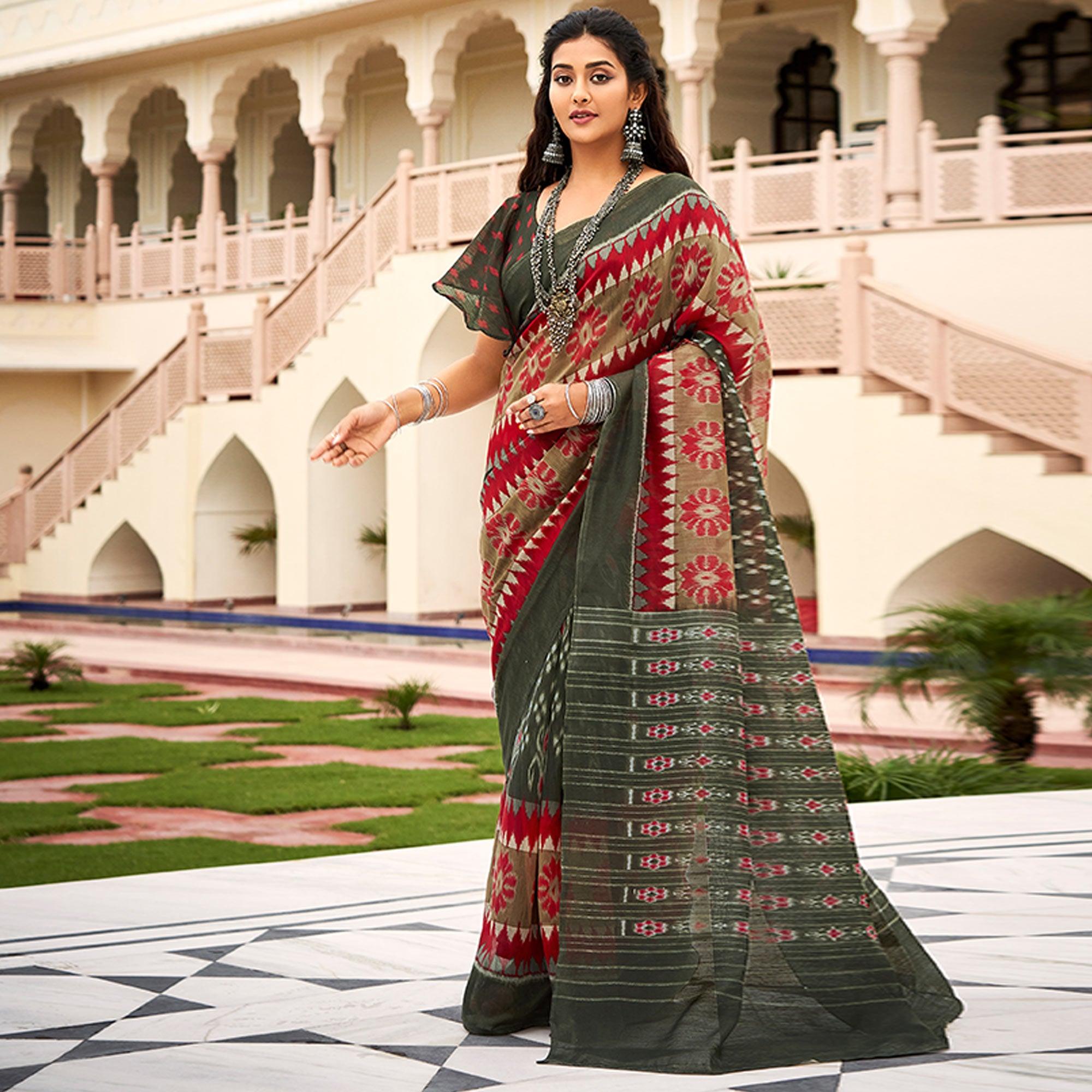 Multicolor Casual Wear Ikkat Printed Cotton Saree - Peachmode