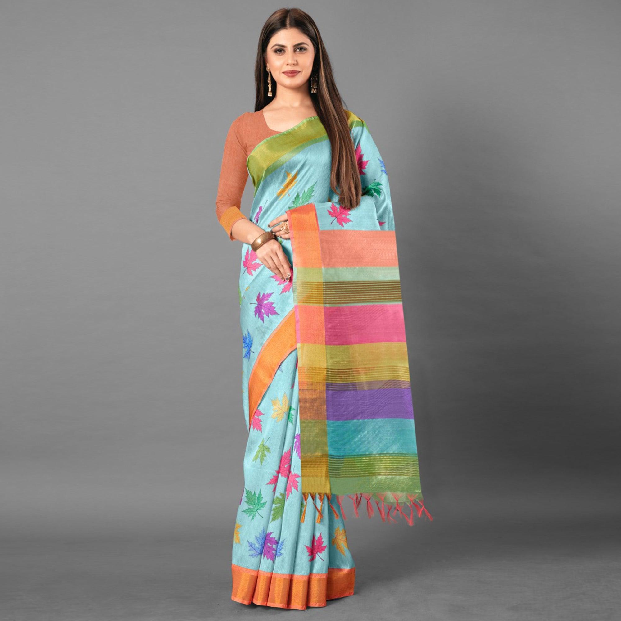 Multicolor Casual Wear Leaf Cotton silk Saree - Peachmode