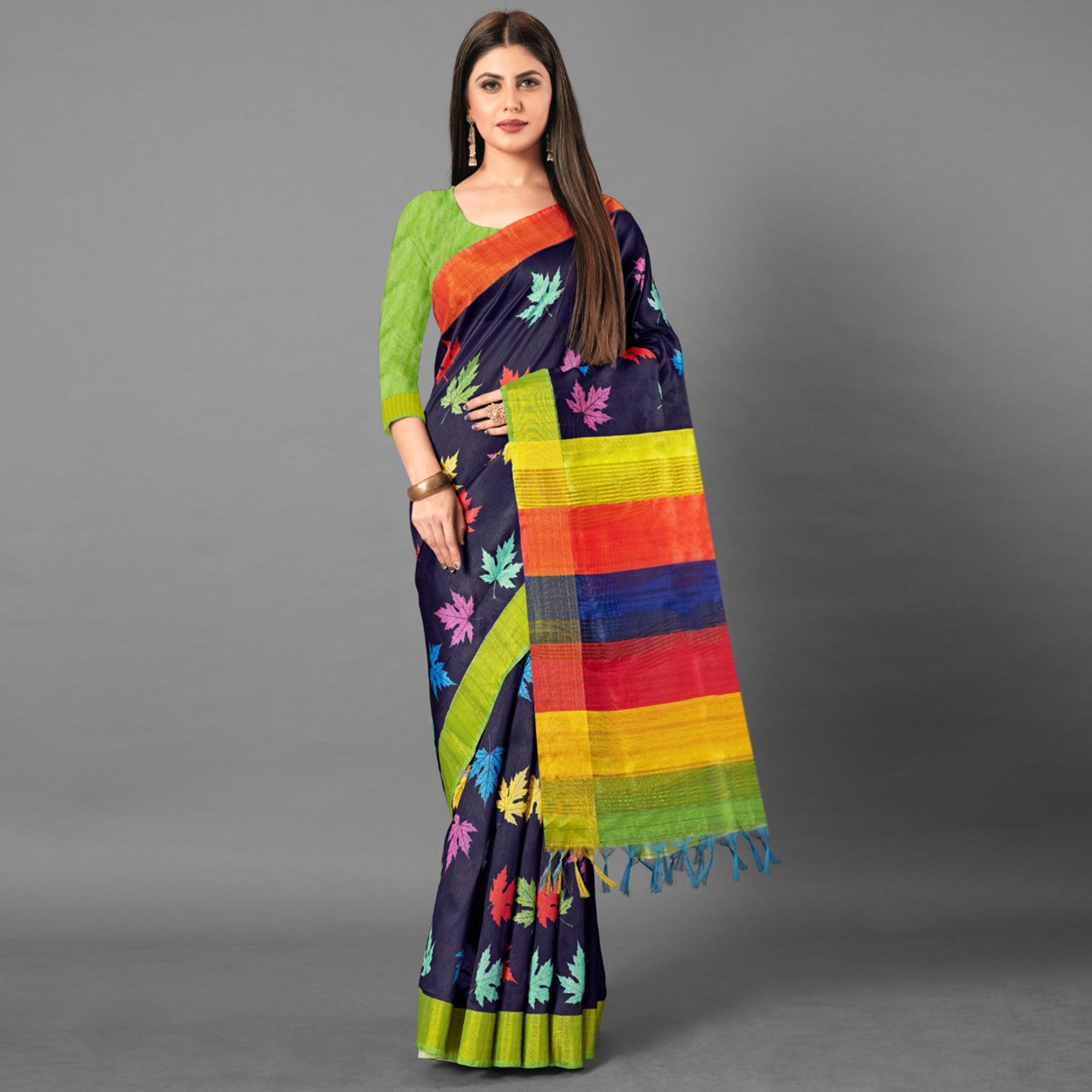 Multicolor Casual Wear Leaf Cotton silk Saree - Peachmode