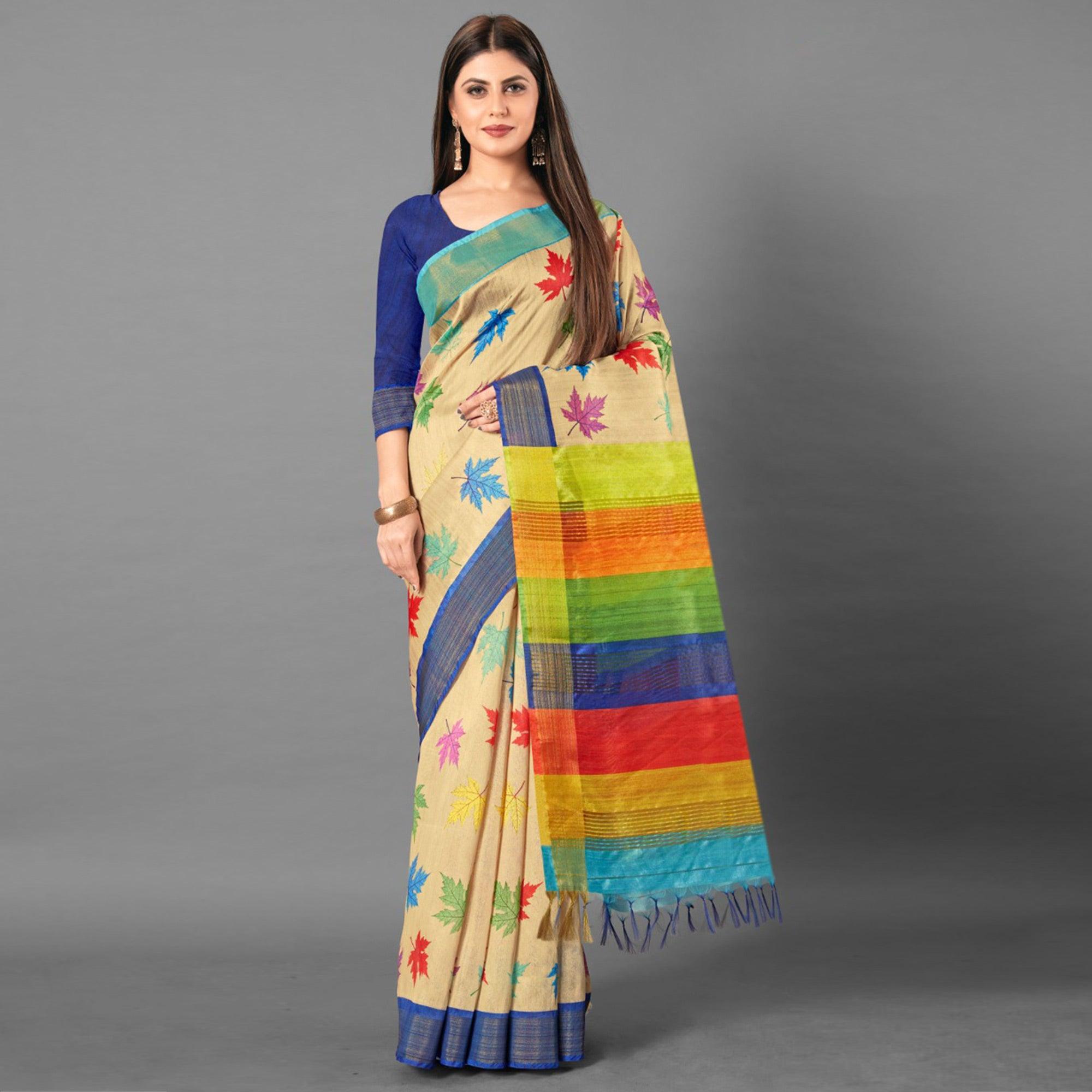 Multicolor Casual Wear Leaf Cotton silk Saree - Peachmode