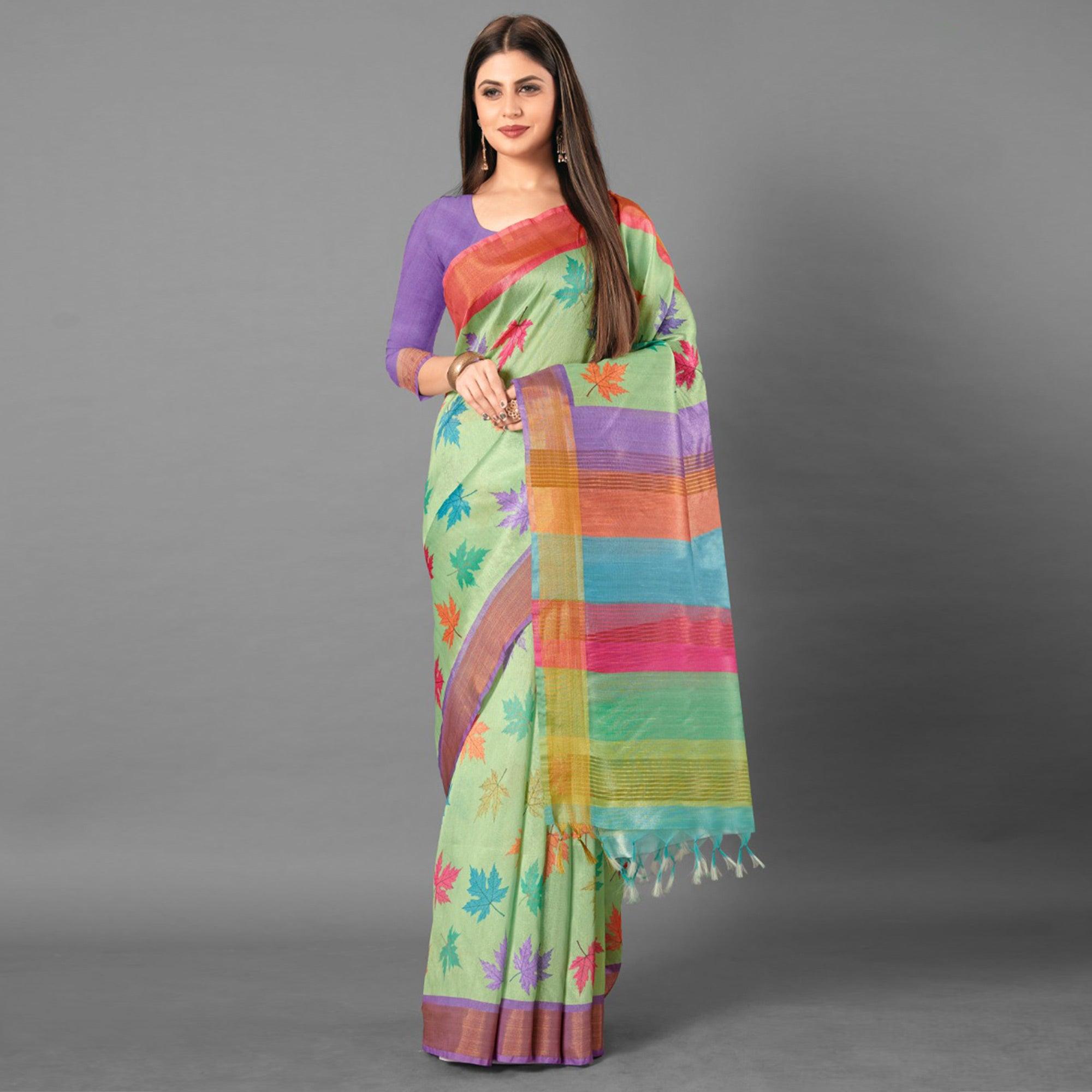 Multicolor Casual Wear Leaf Cotton silk Saree - Peachmode