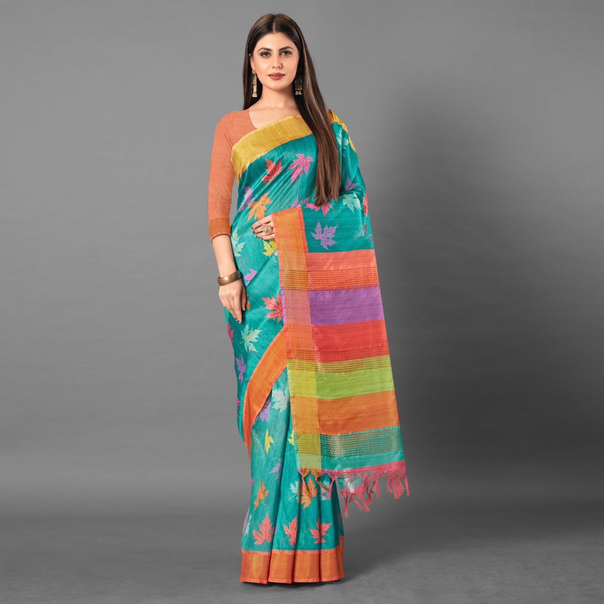 Multicolor Casual Wear Leaf Cotton silk Saree - Peachmode