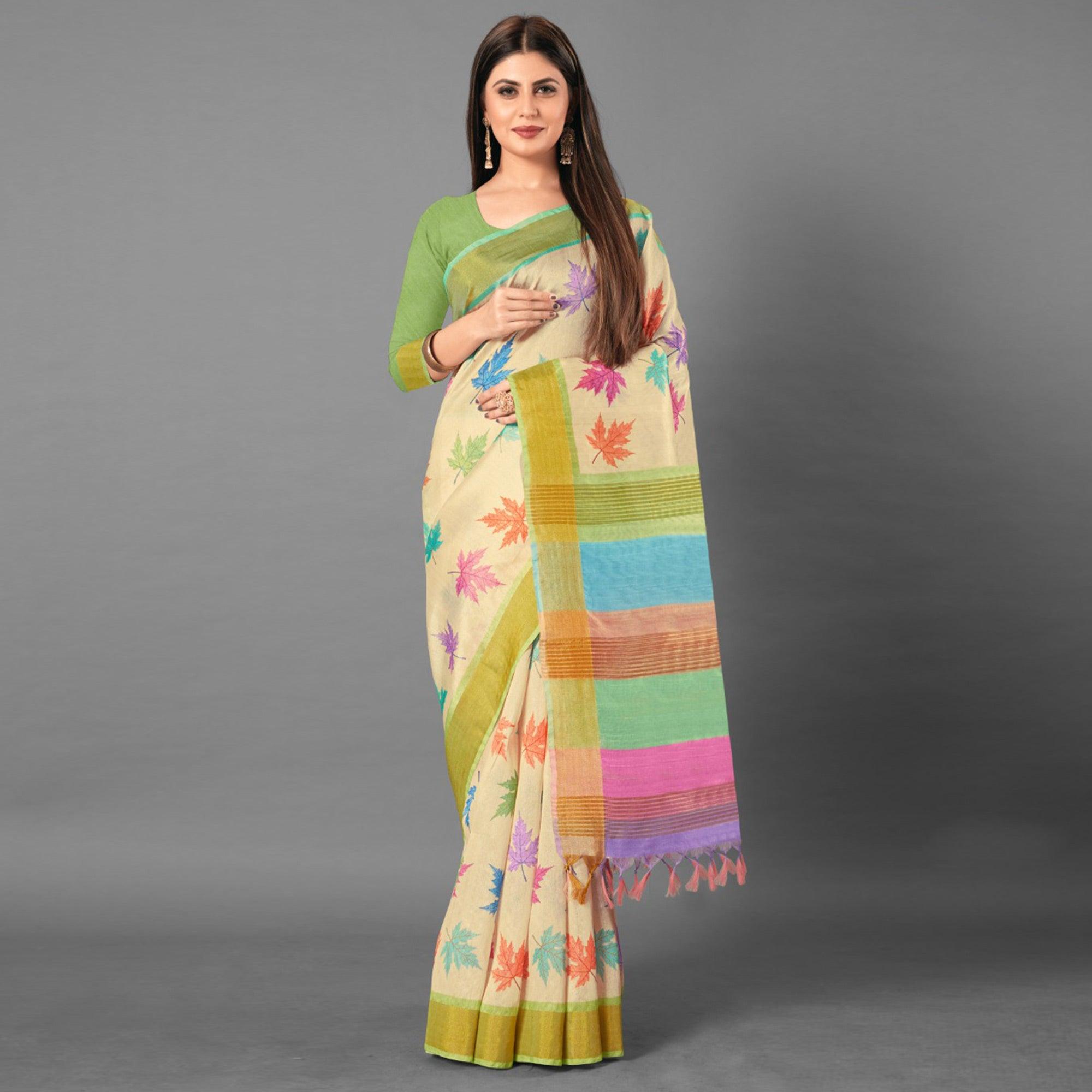 Multicolor Casual Wear Leaf Cotton silk Saree - Peachmode