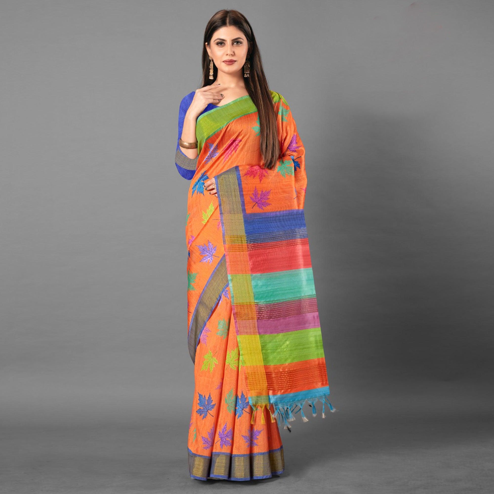 Multicolor Casual Wear Leaf Cotton silk Saree - Peachmode