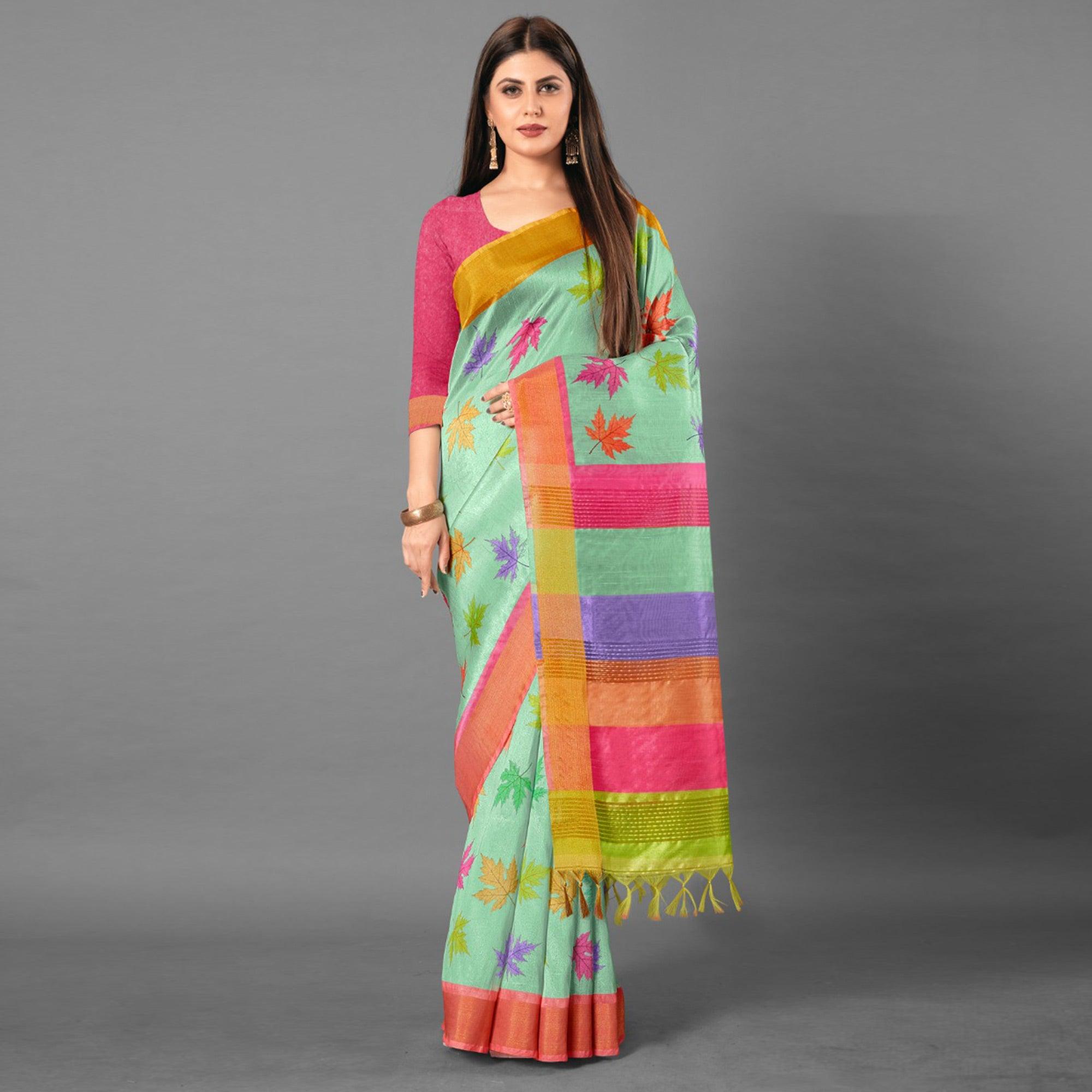 Multicolor Casual Wear Leaf Cotton silk Saree - Peachmode