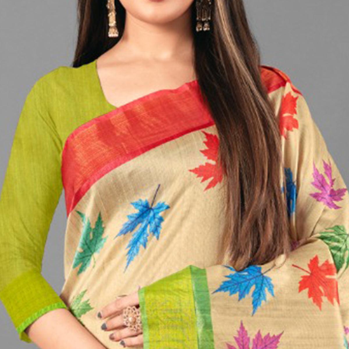 Multicolor Casual Wear Leaf Cotton silk Saree - Peachmode