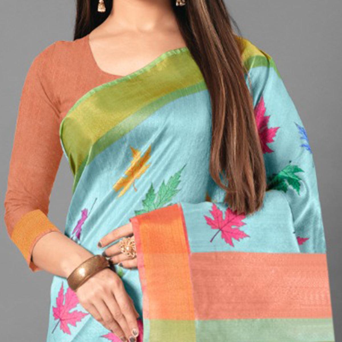 Multicolor Casual Wear Leaf Cotton silk Saree - Peachmode