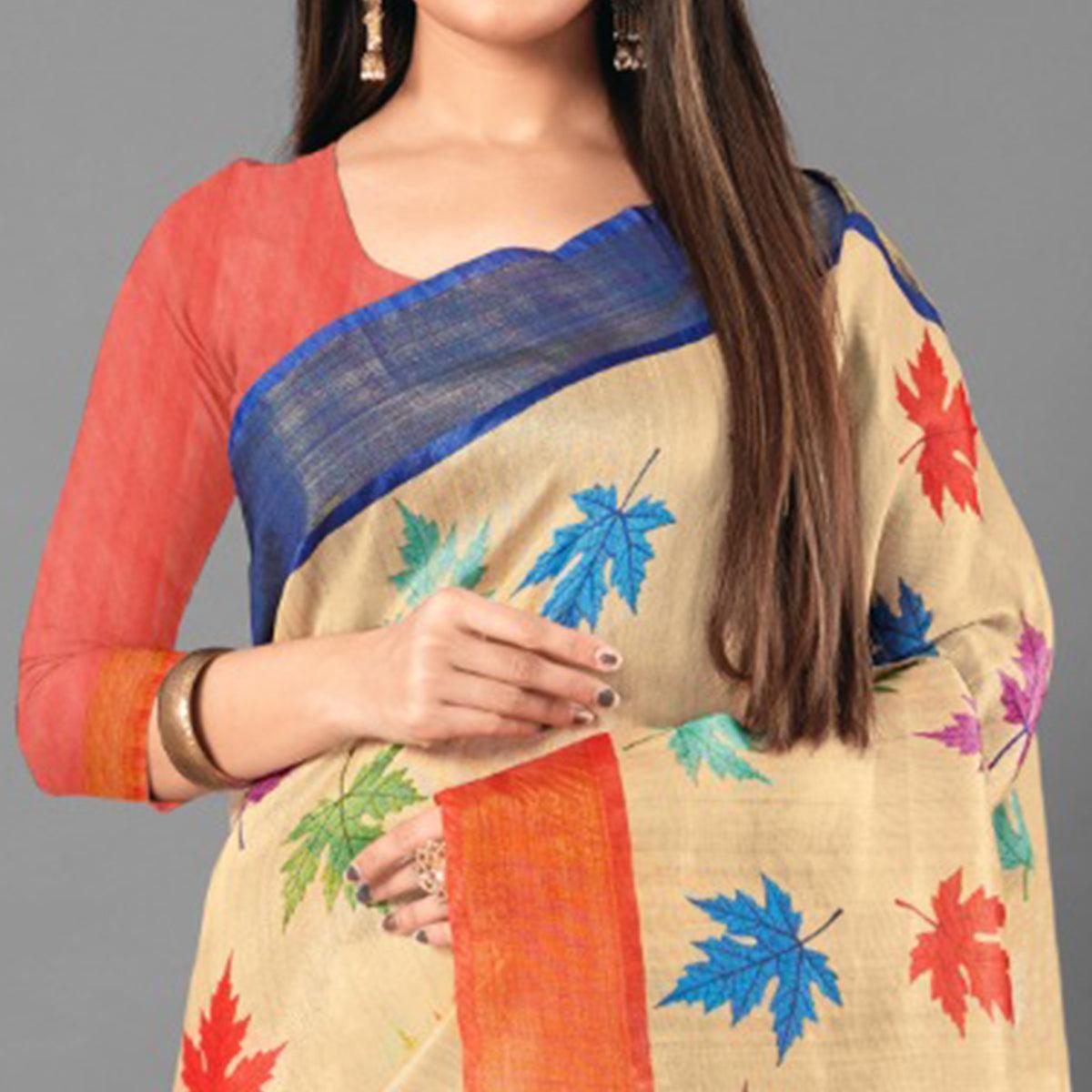 Multicolor Casual Wear Leaf Cotton silk Saree - Peachmode