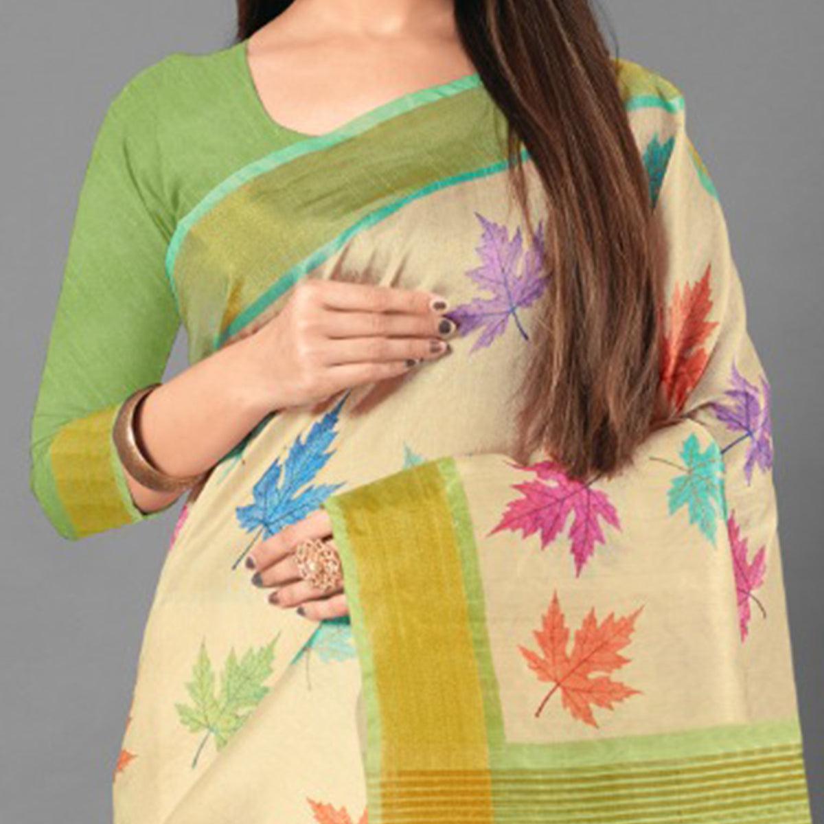 Multicolor Casual Wear Leaf Cotton silk Saree - Peachmode