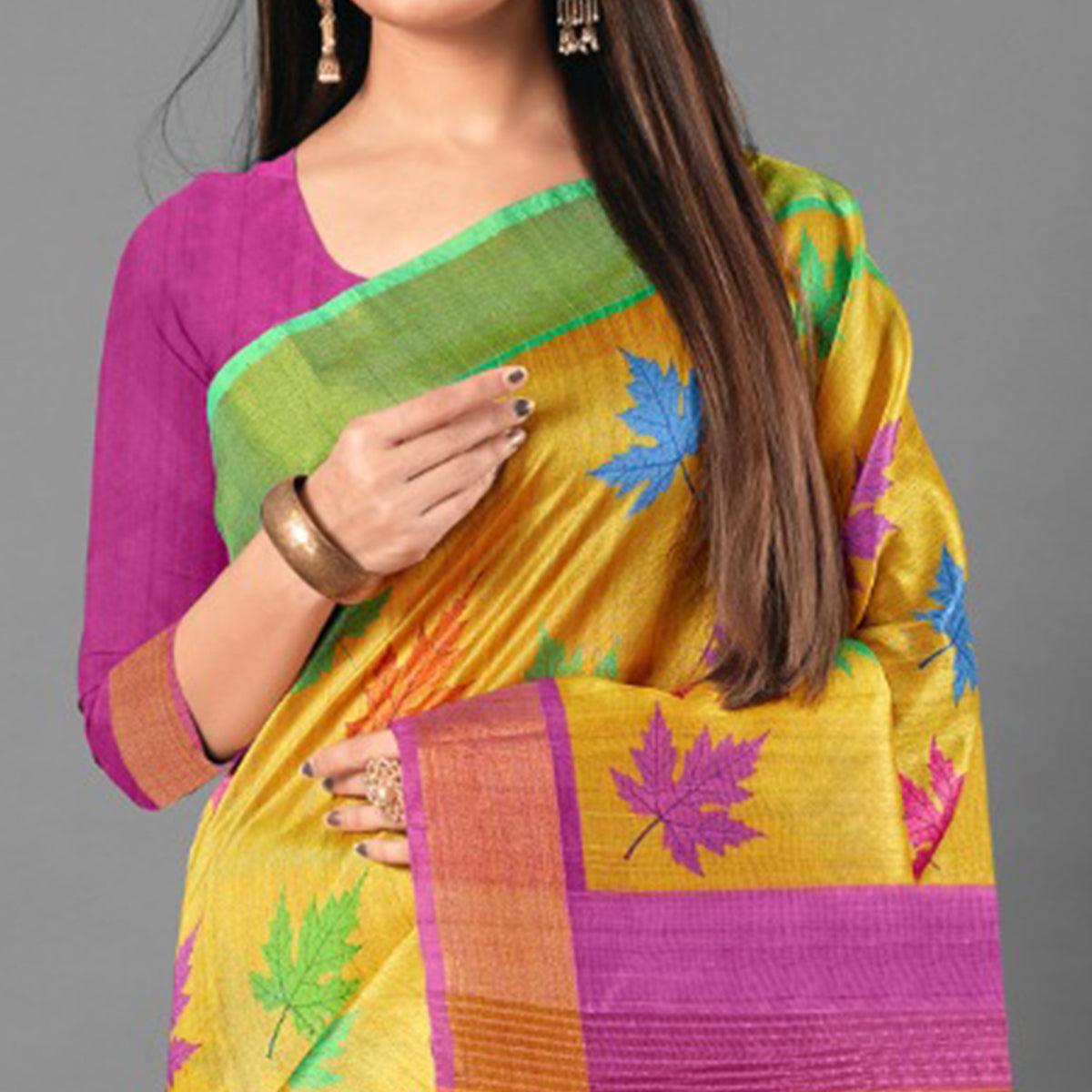 Multicolor Casual Wear Leaf Cotton silk Saree - Peachmode