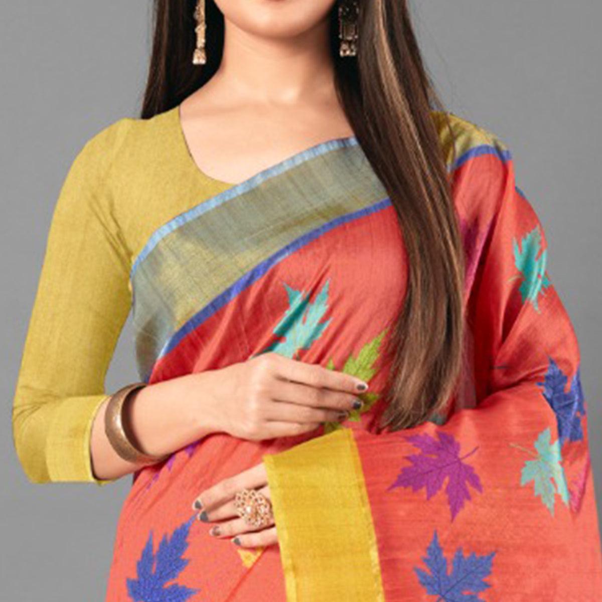 Multicolor Casual Wear Leaf Cotton silk Saree - Peachmode