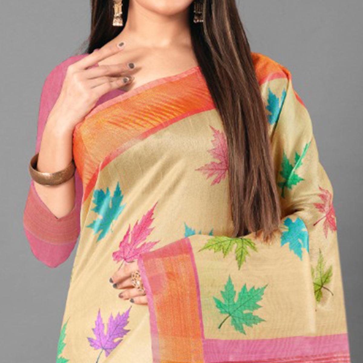 Multicolor Casual Wear Leaf Cotton silk Saree - Peachmode