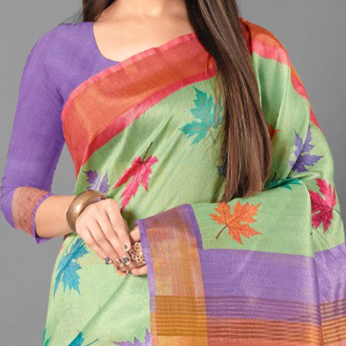 Multicolor Casual Wear Leaf Cotton silk Saree - Peachmode
