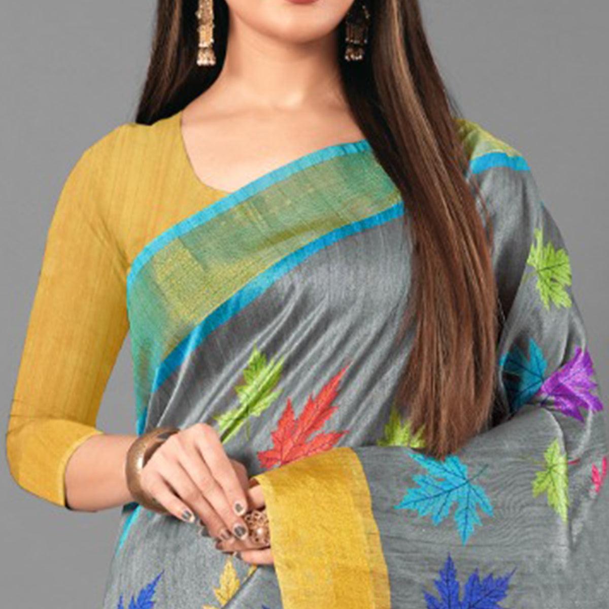 Multicolor Casual Wear Leaf Cotton silk Saree - Peachmode