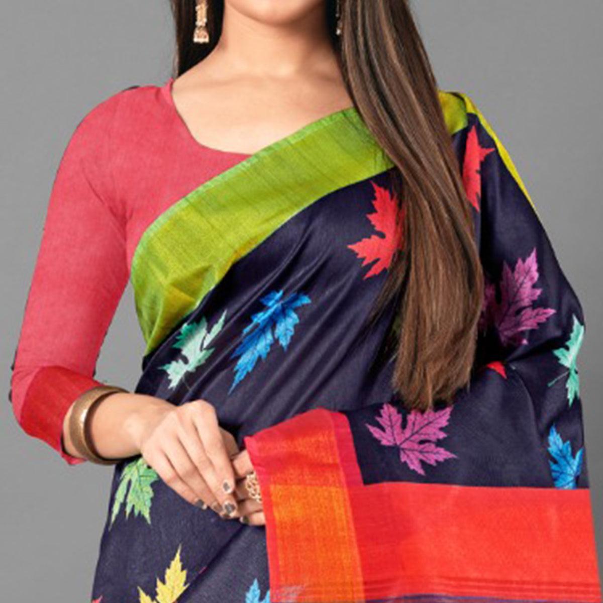 Multicolor Casual Wear Leaf Cotton silk Saree - Peachmode