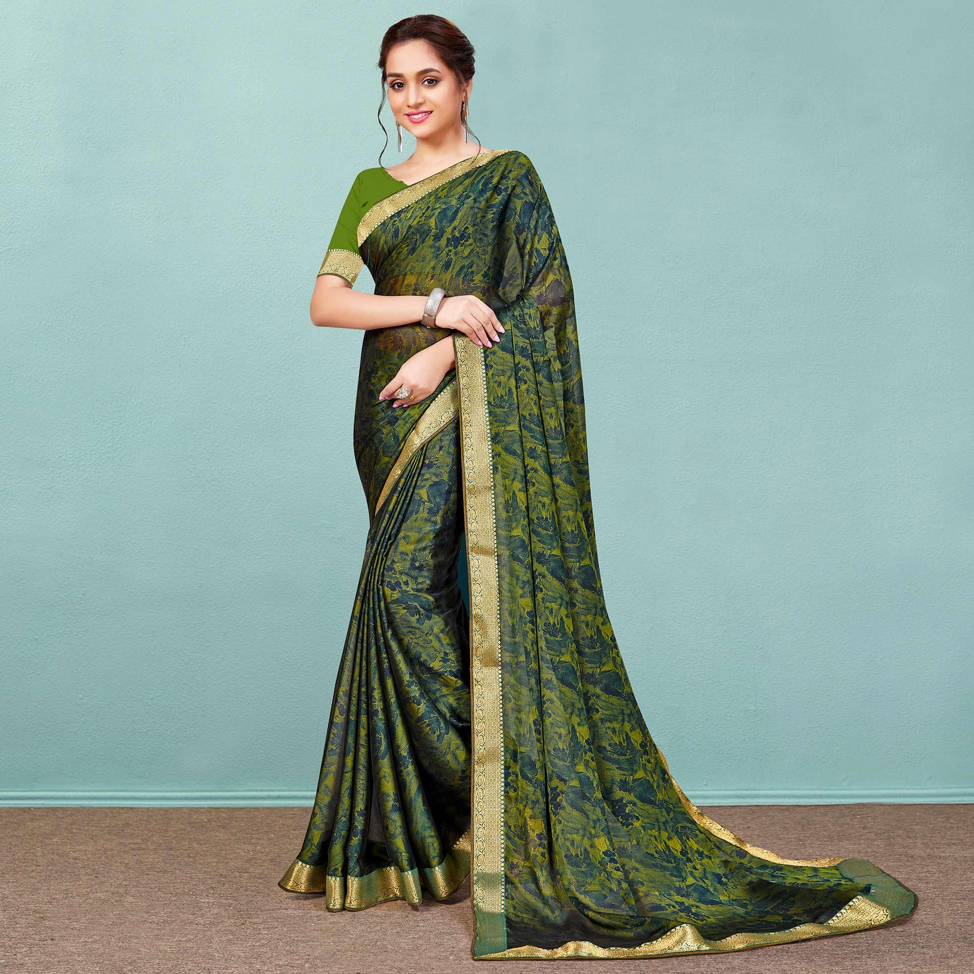 Multicolor Casual Wear Printed Chiffon Saree With Banarasi Lace - Peachmode