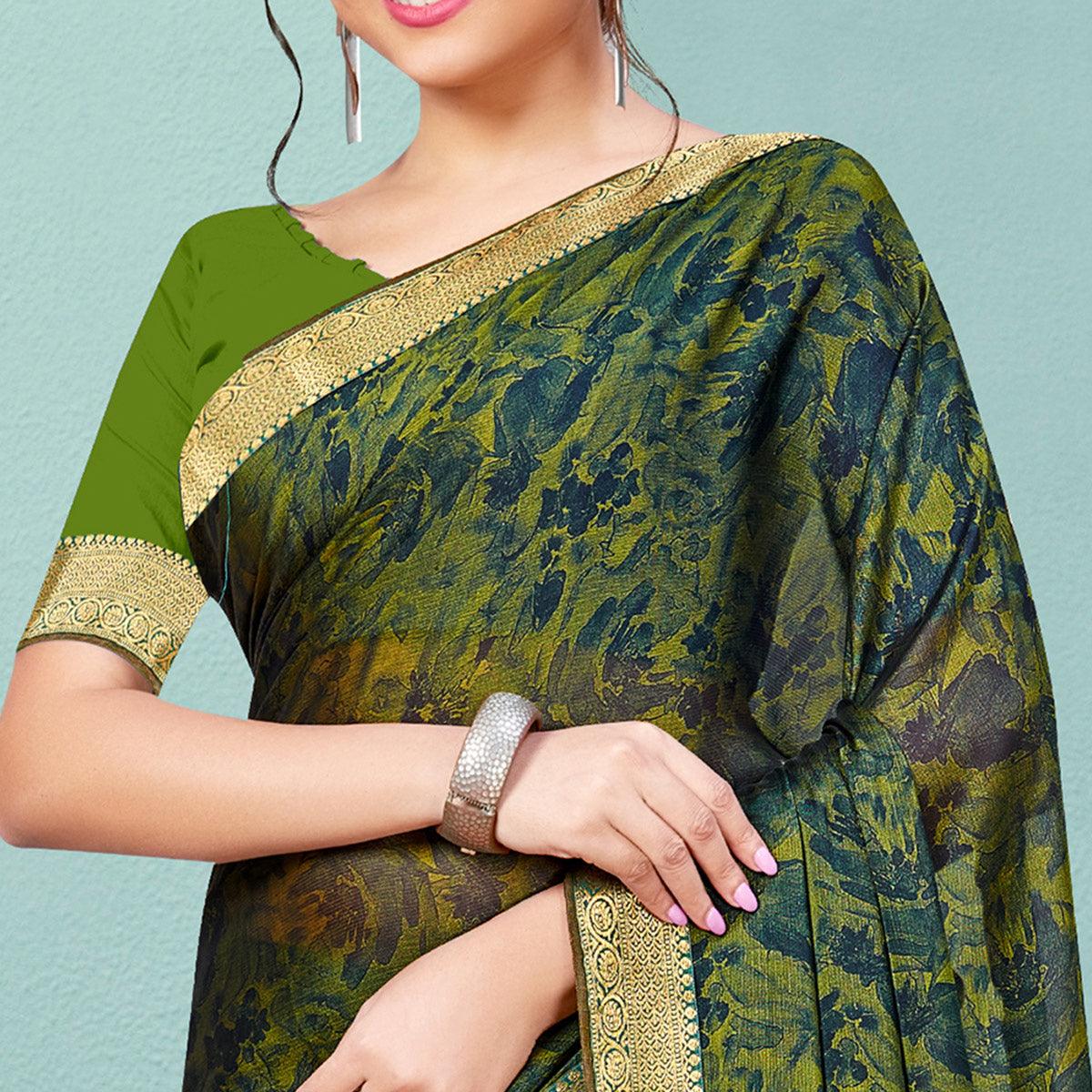 Multicolor Casual Wear Printed Chiffon Saree With Banarasi Lace - Peachmode