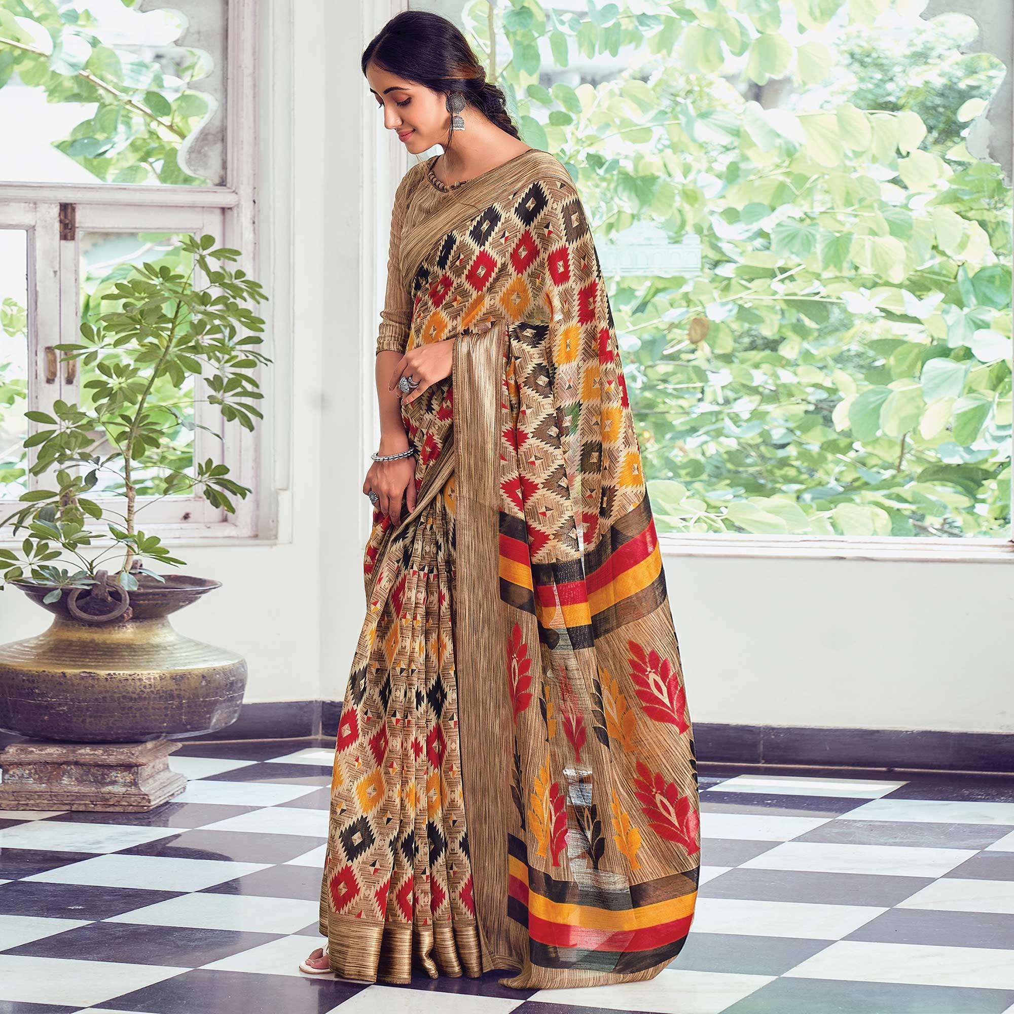 Multicolor Casual Wear Printed Cotton Saree - Peachmode