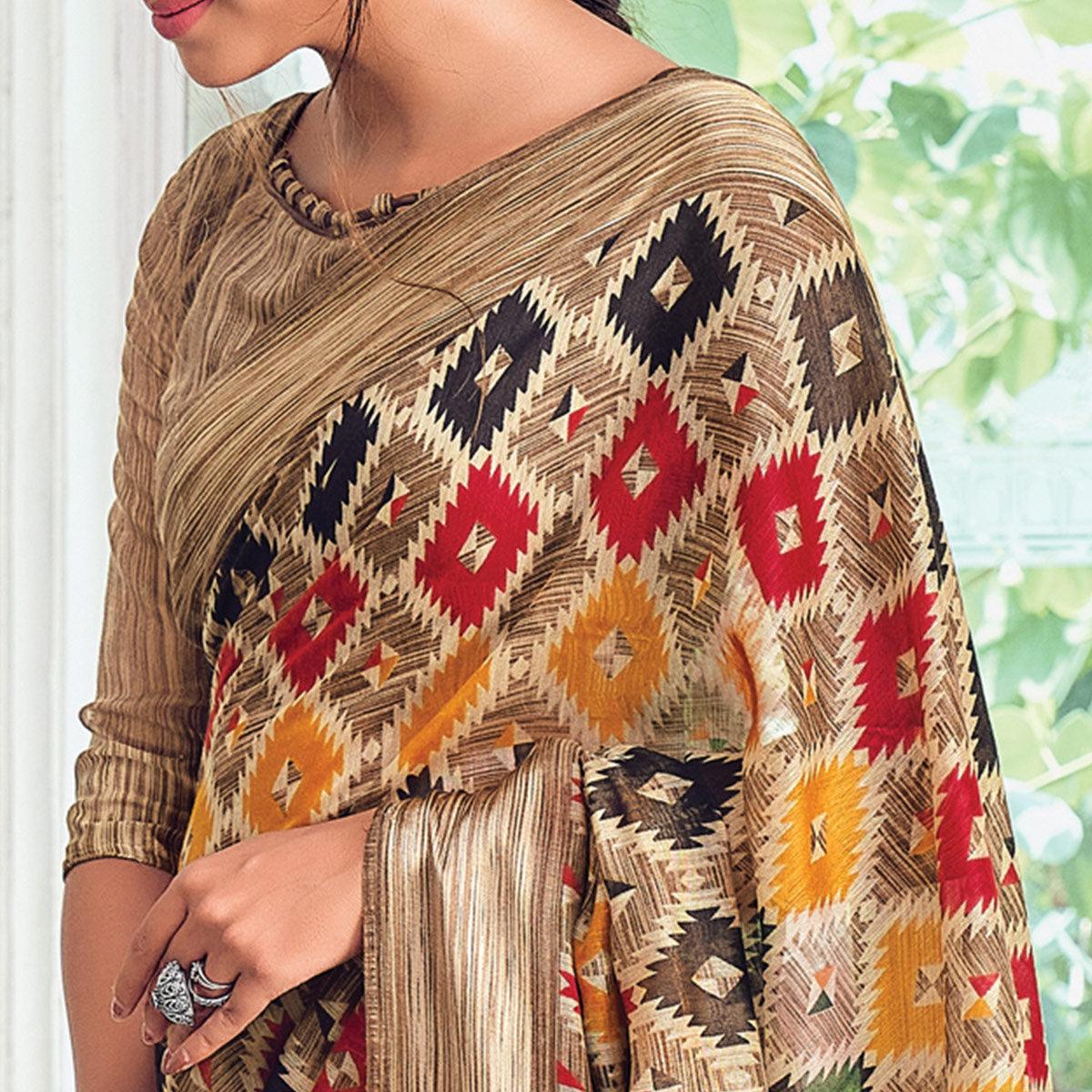 Multicolor Casual Wear Printed Cotton Saree - Peachmode