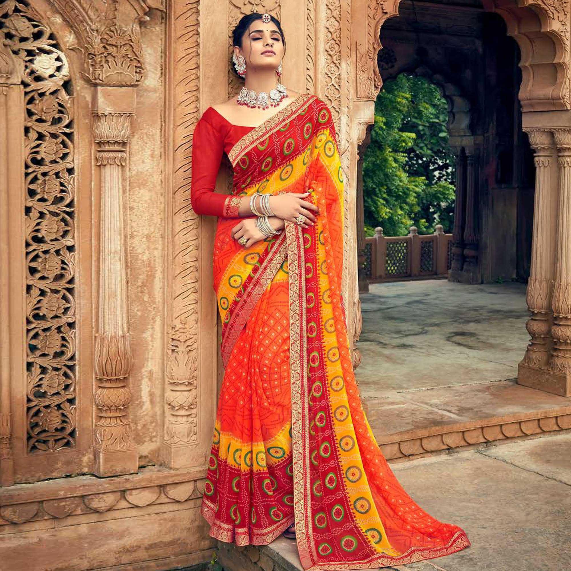 Multicolor Casual Wear Printed Georgette Saree - Peachmode