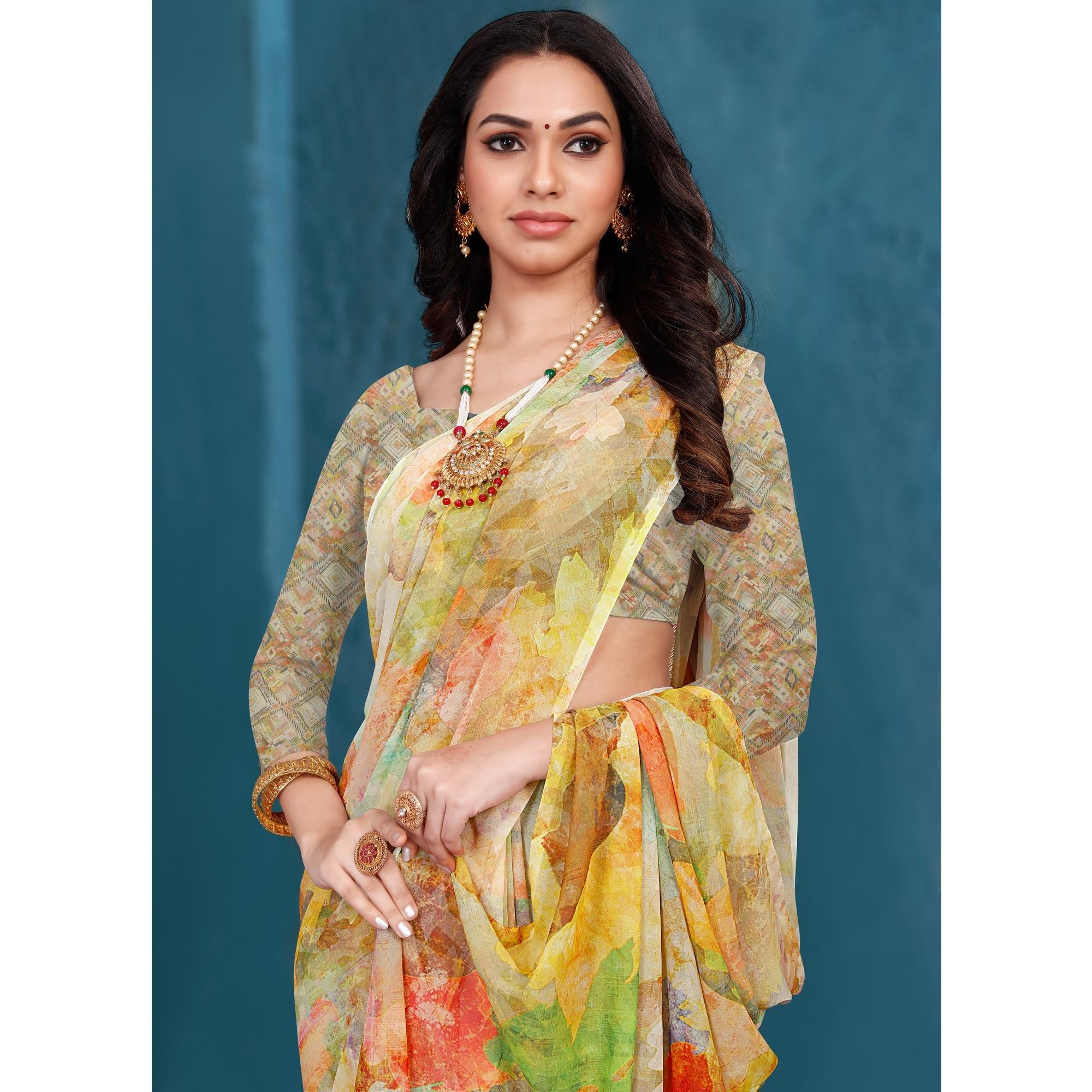 Multicolor Casual Wear Printed Georgette Saree - Peachmode