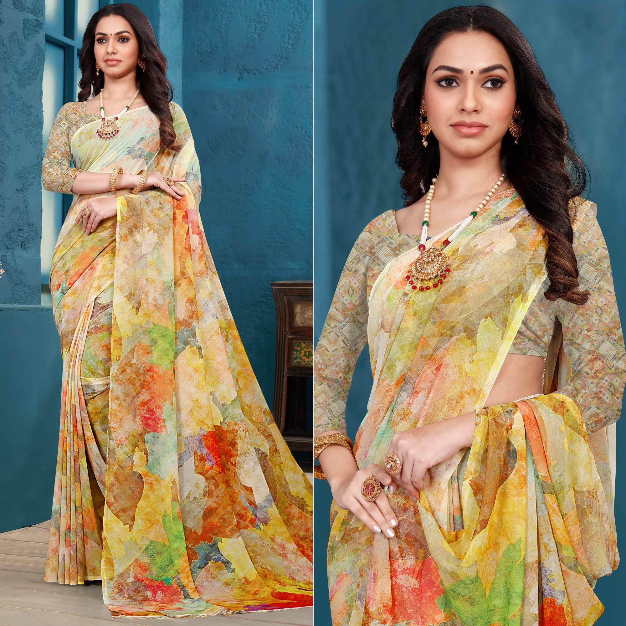 Multicolor Casual Wear Printed Georgette Saree - Peachmode