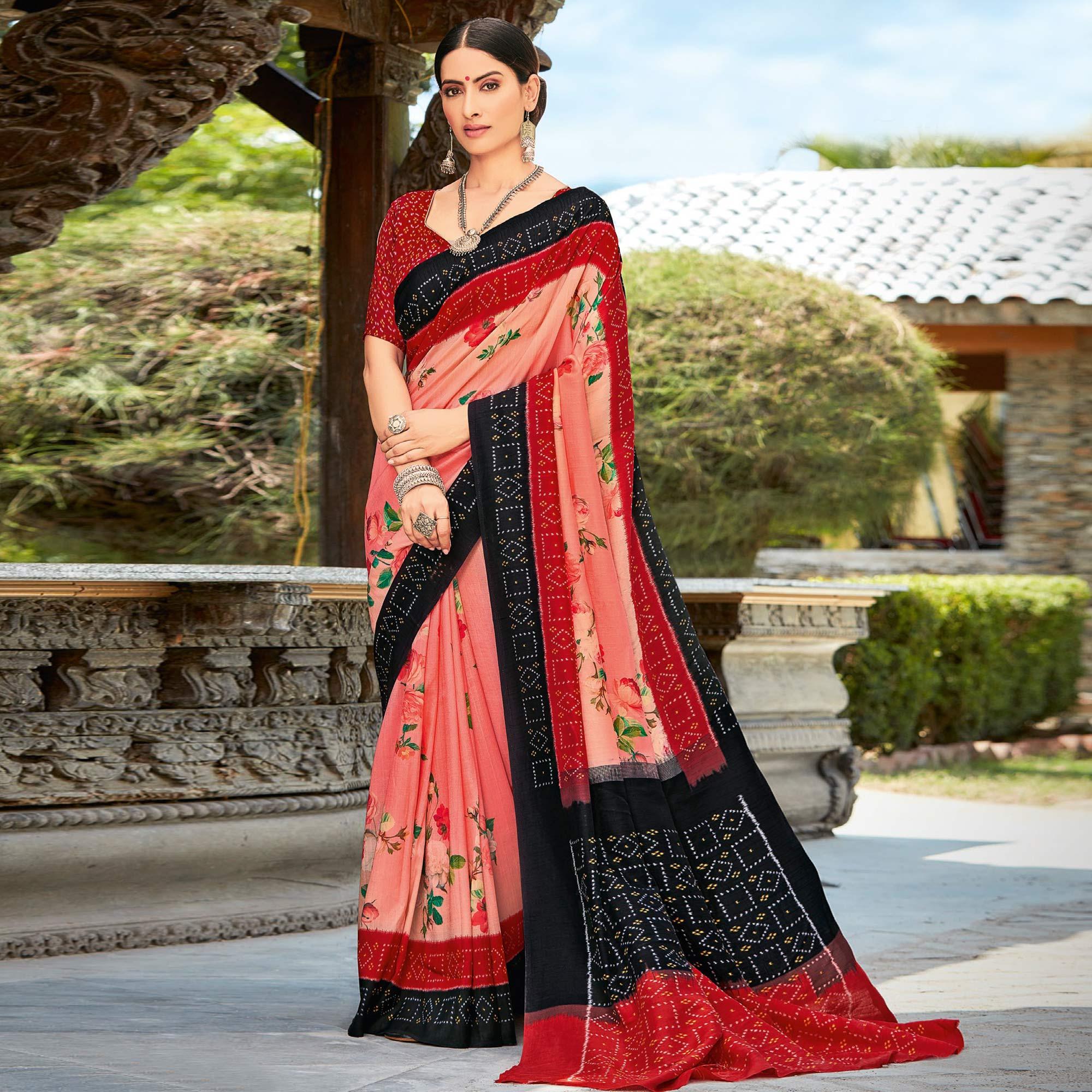 Multicolor Casual Wear Printed Silk Saree - Peachmode