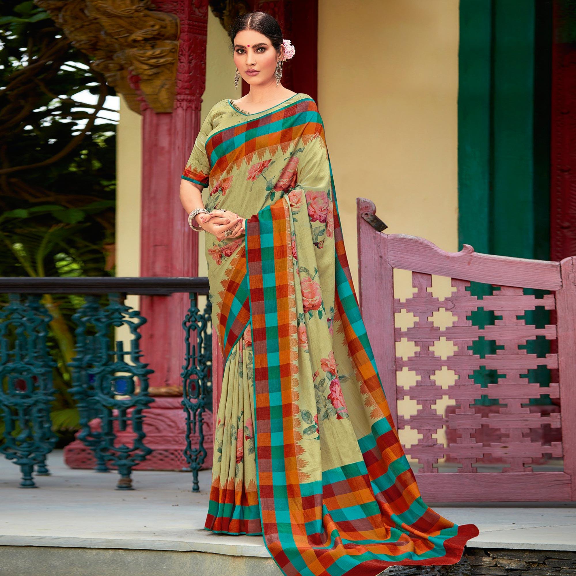 Multicolor Casual Wear Printed Silk Saree - Peachmode