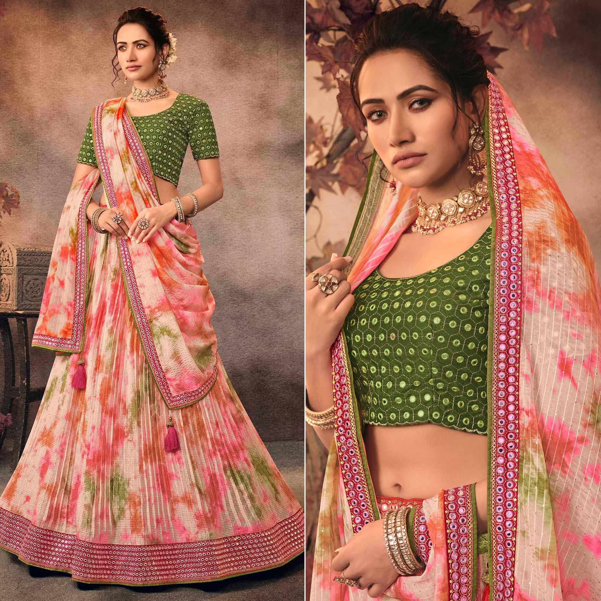 Multicolor Digital Printed-Embellished Chiffon Lehenga Choli - Peachmode