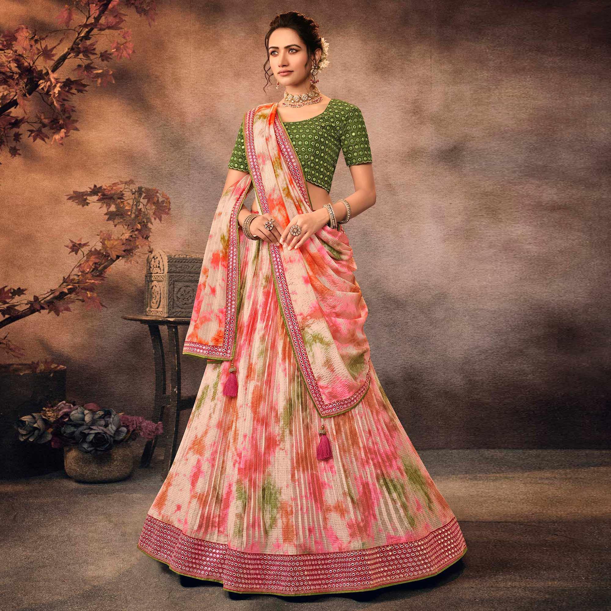 Multicolor Digital Printed-Embellished Chiffon Lehenga Choli - Peachmode