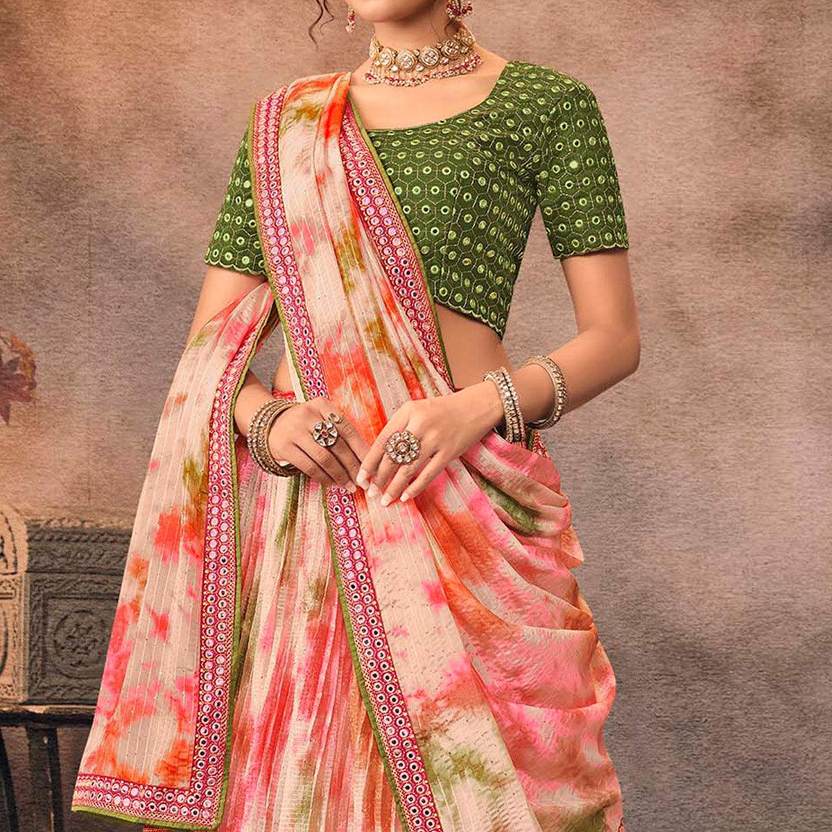 Multicolor Digital Printed-Embellished Chiffon Lehenga Choli - Peachmode