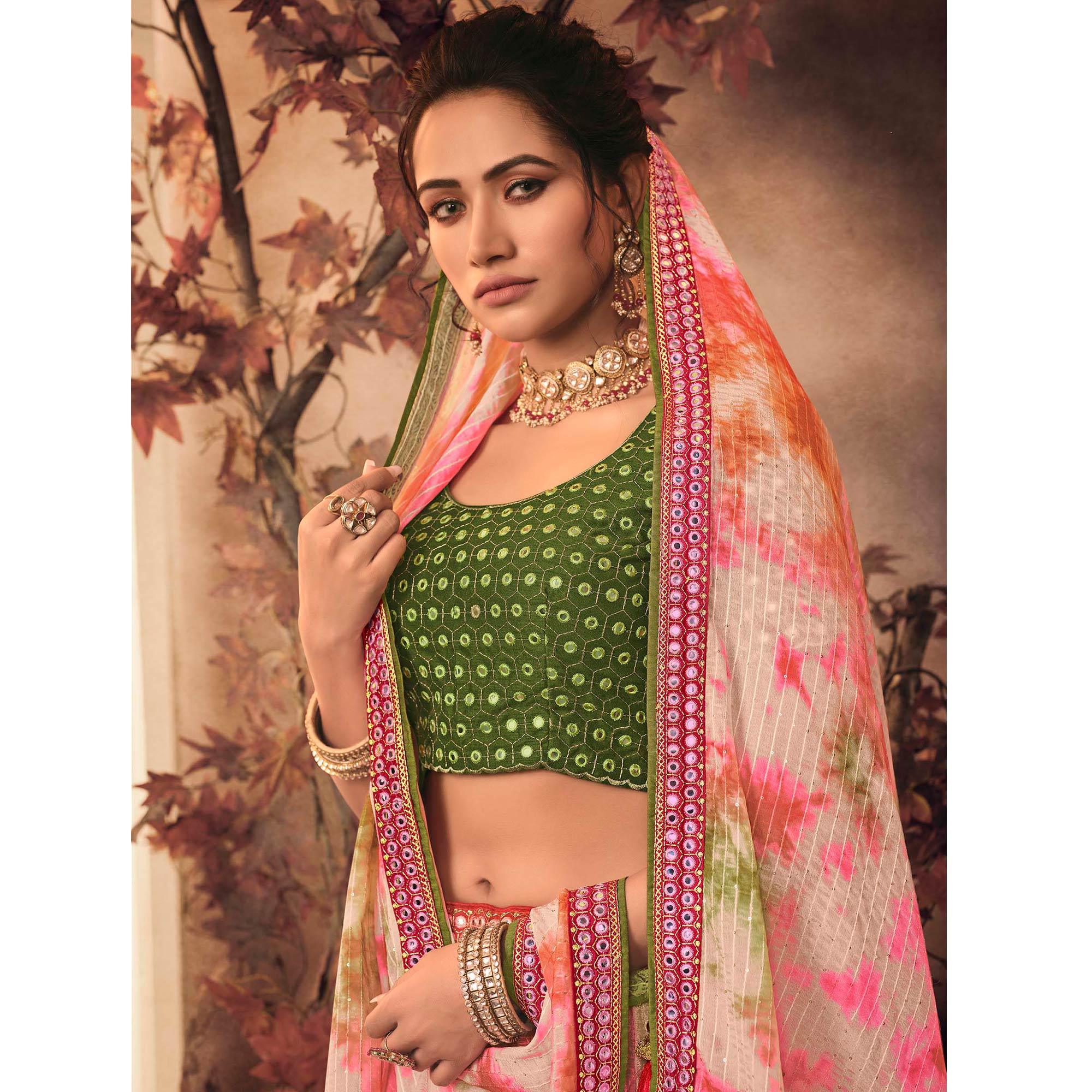 Multicolor Digital Printed-Embellished Chiffon Lehenga Choli - Peachmode