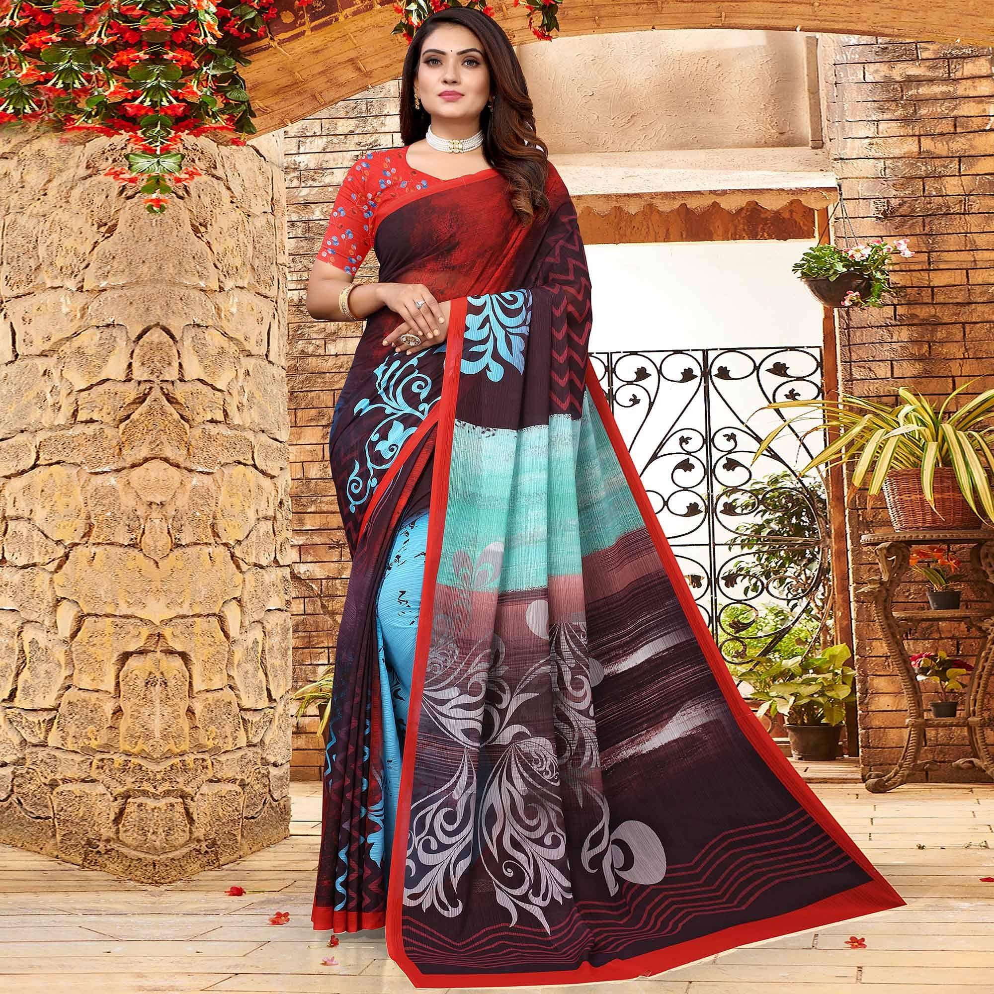 Multicolor Digital Printed Georgette Saree - Peachmode