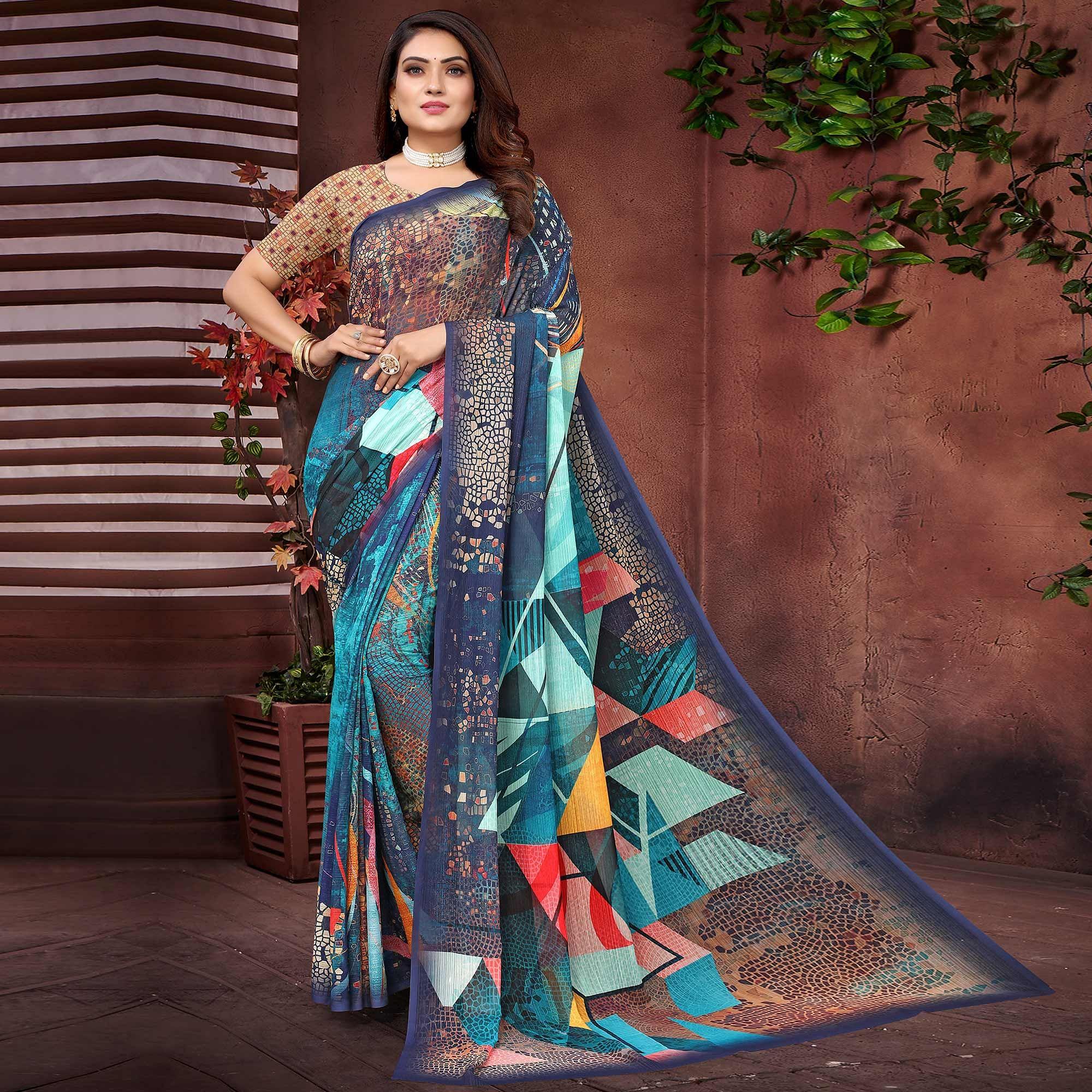 Multicolor Digital Printed Georgette Saree - Peachmode