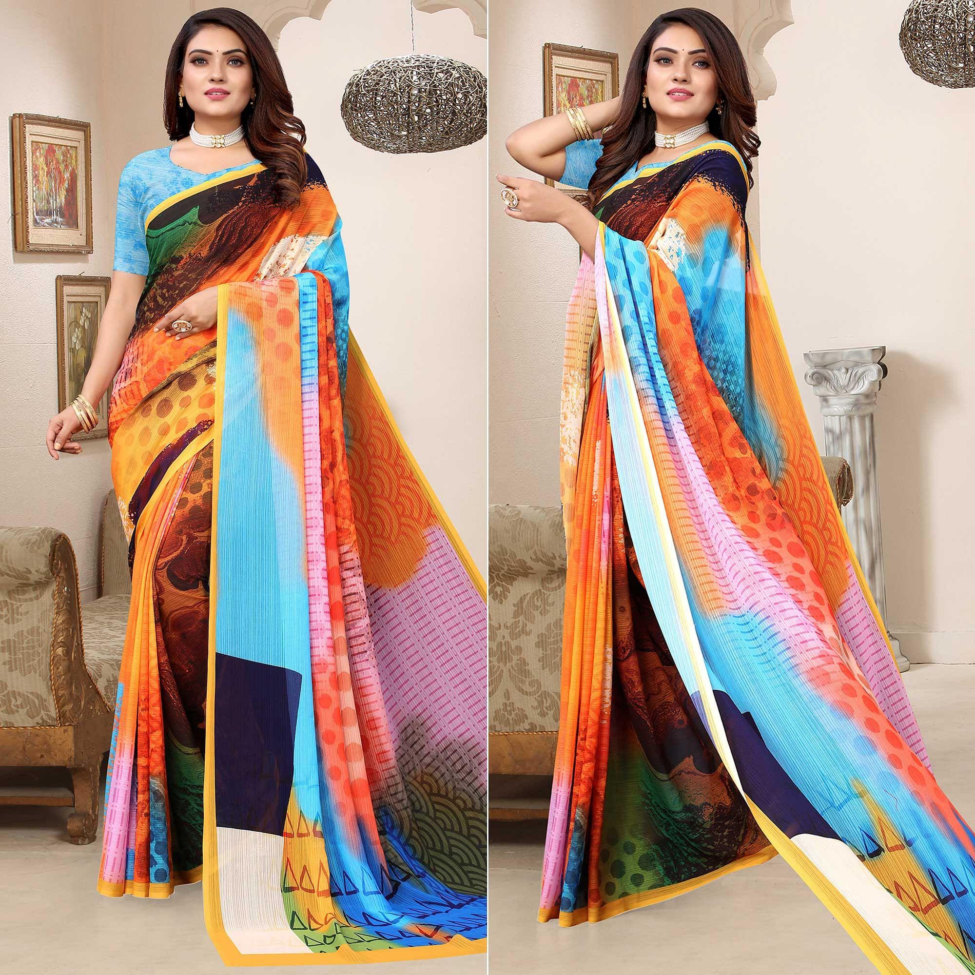 Multicolor Digital Printed Georgette Saree - Peachmode
