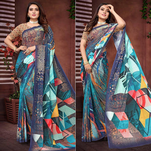 Multicolor Digital Printed Georgette Saree - Peachmode