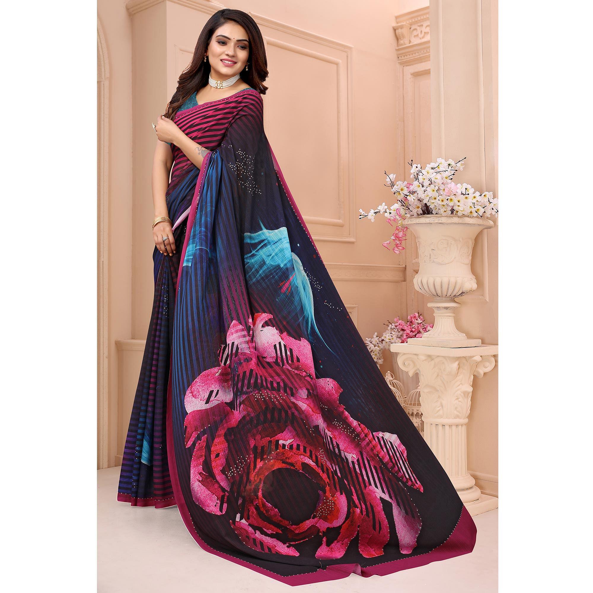 Multicolor Digital Printed Georgette Saree - Peachmode