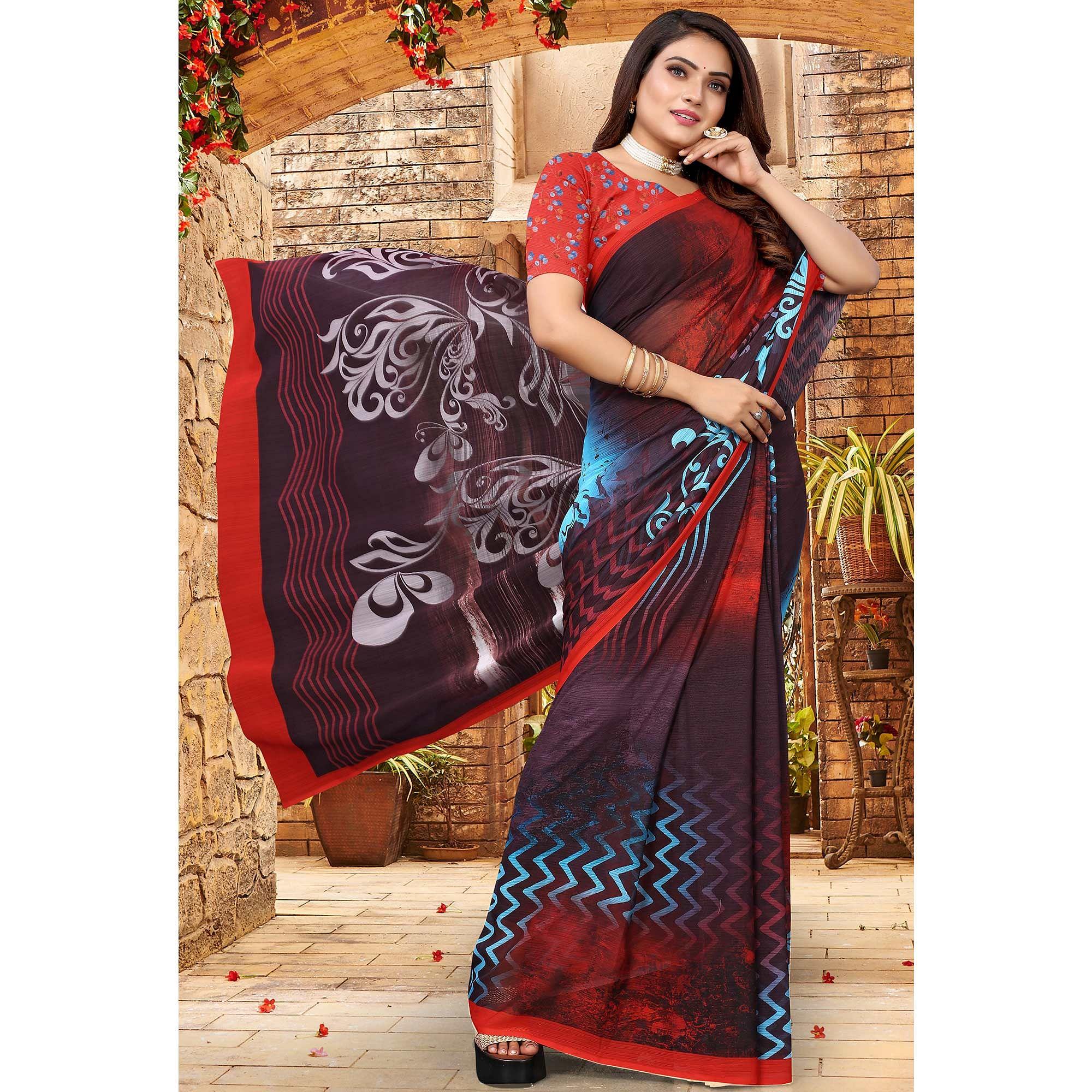 Multicolor Digital Printed Georgette Saree - Peachmode