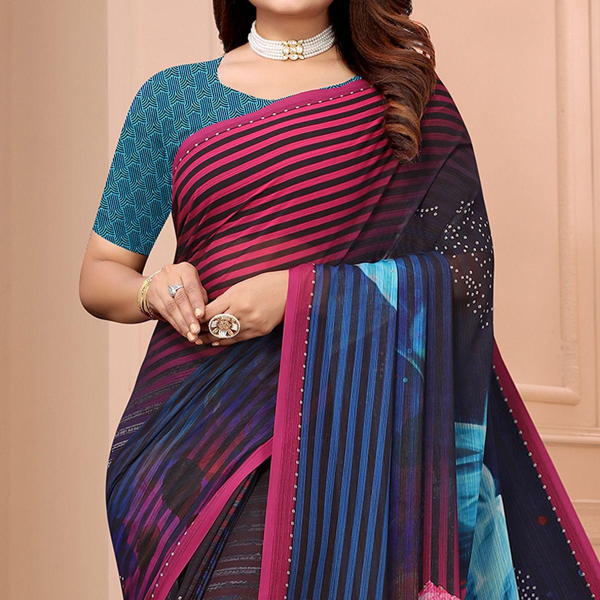 Multicolor Digital Printed Georgette Saree - Peachmode
