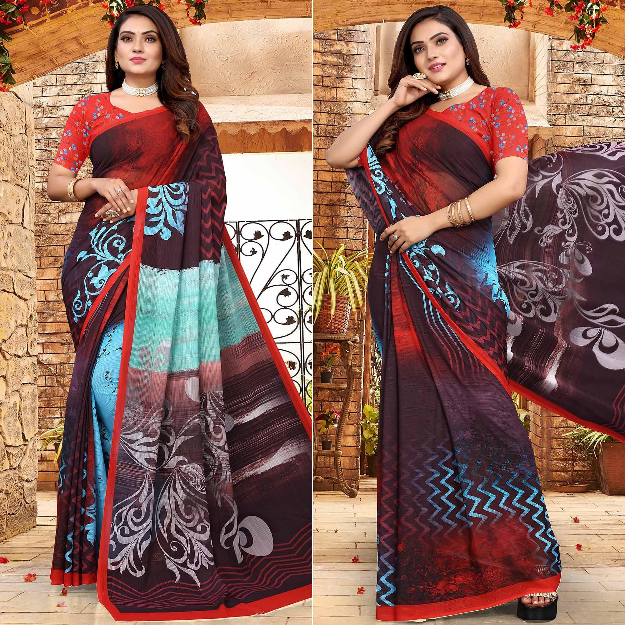 Multicolor Digital Printed Georgette Saree - Peachmode