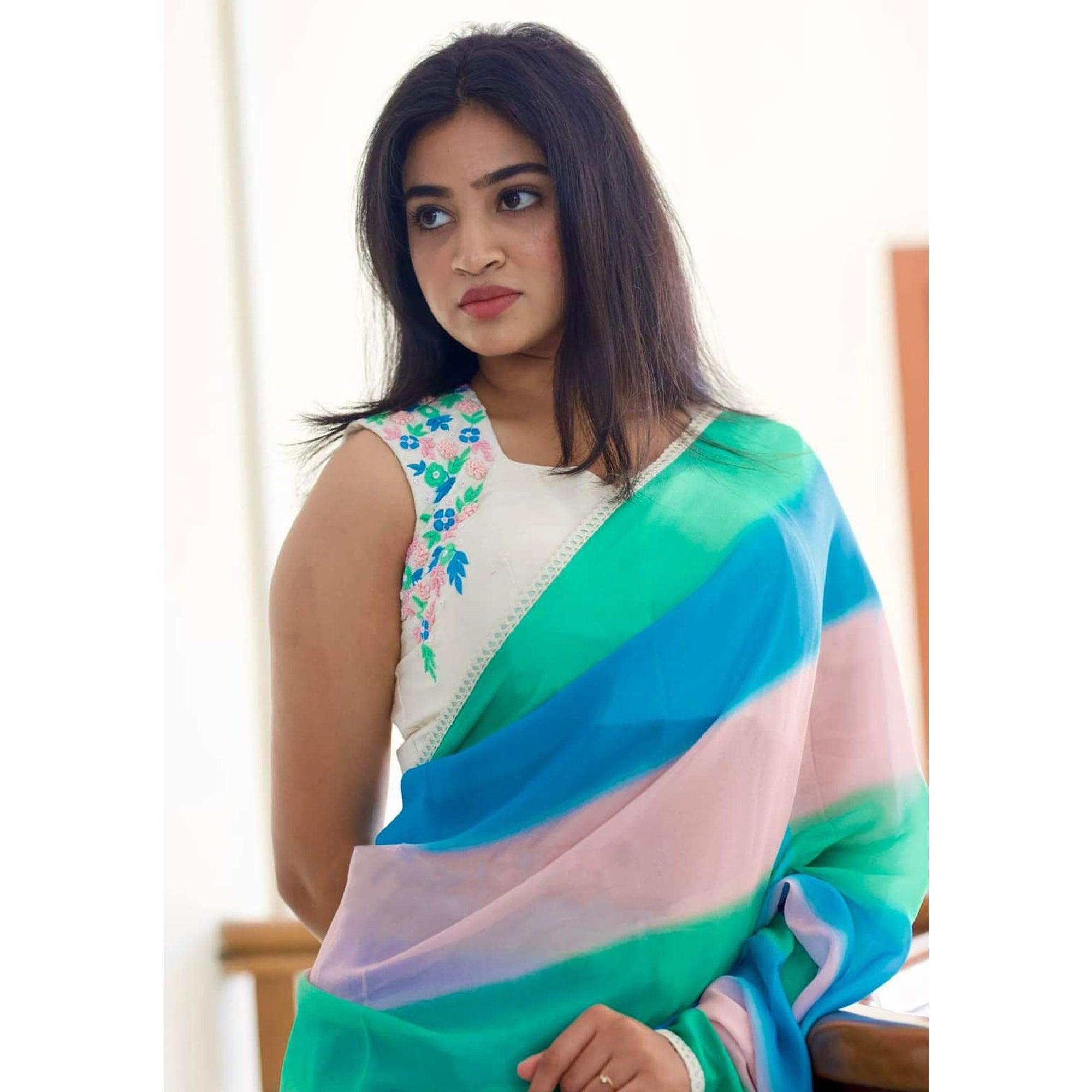 Multicolor Digital Printed Georgette Saree - Peachmode