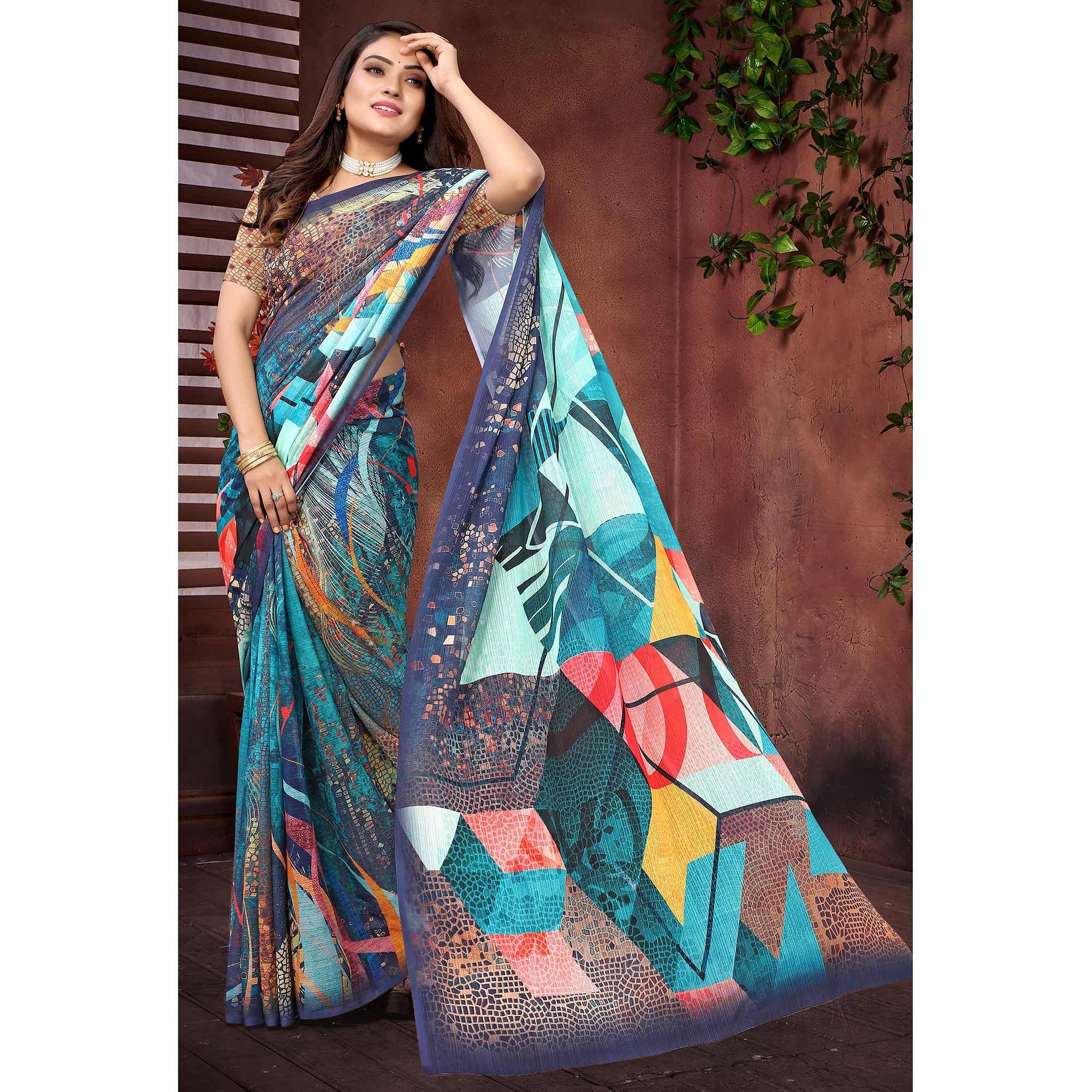 Multicolor Digital Printed Georgette Saree - Peachmode