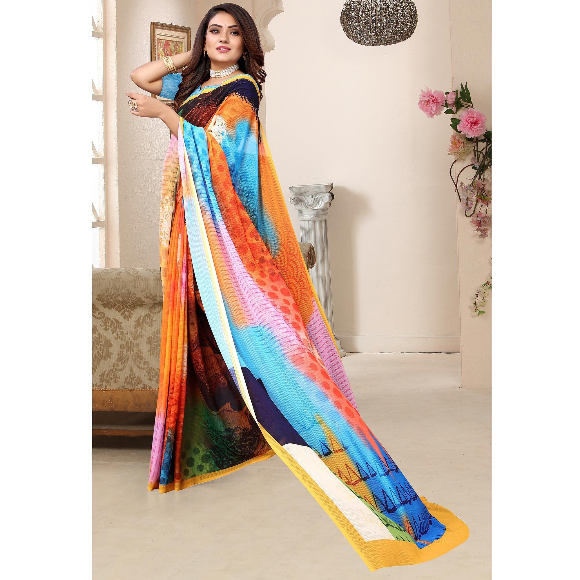 Multicolor Digital Printed Georgette Saree - Peachmode
