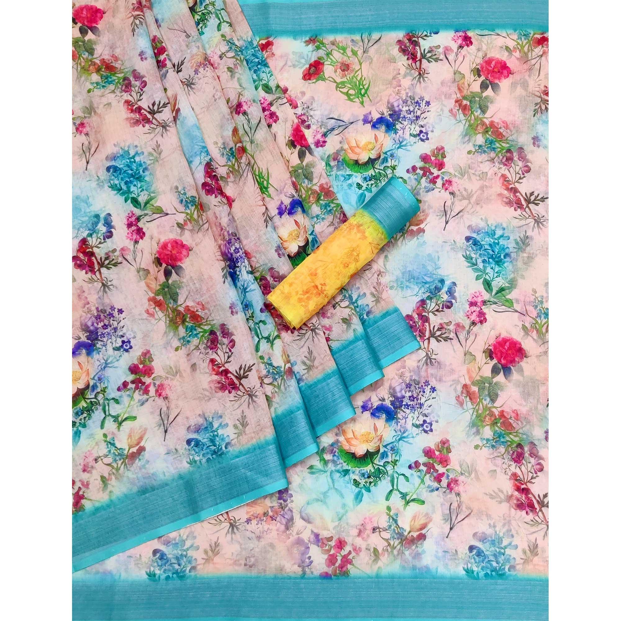 Multicolor Digital Printed Linen Saree - Peachmode