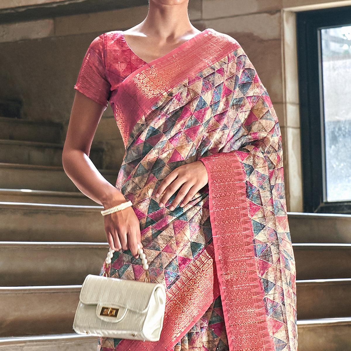 Multicolor Digital Printed-Woven Art Silk Saree With Tassels - Peachmode