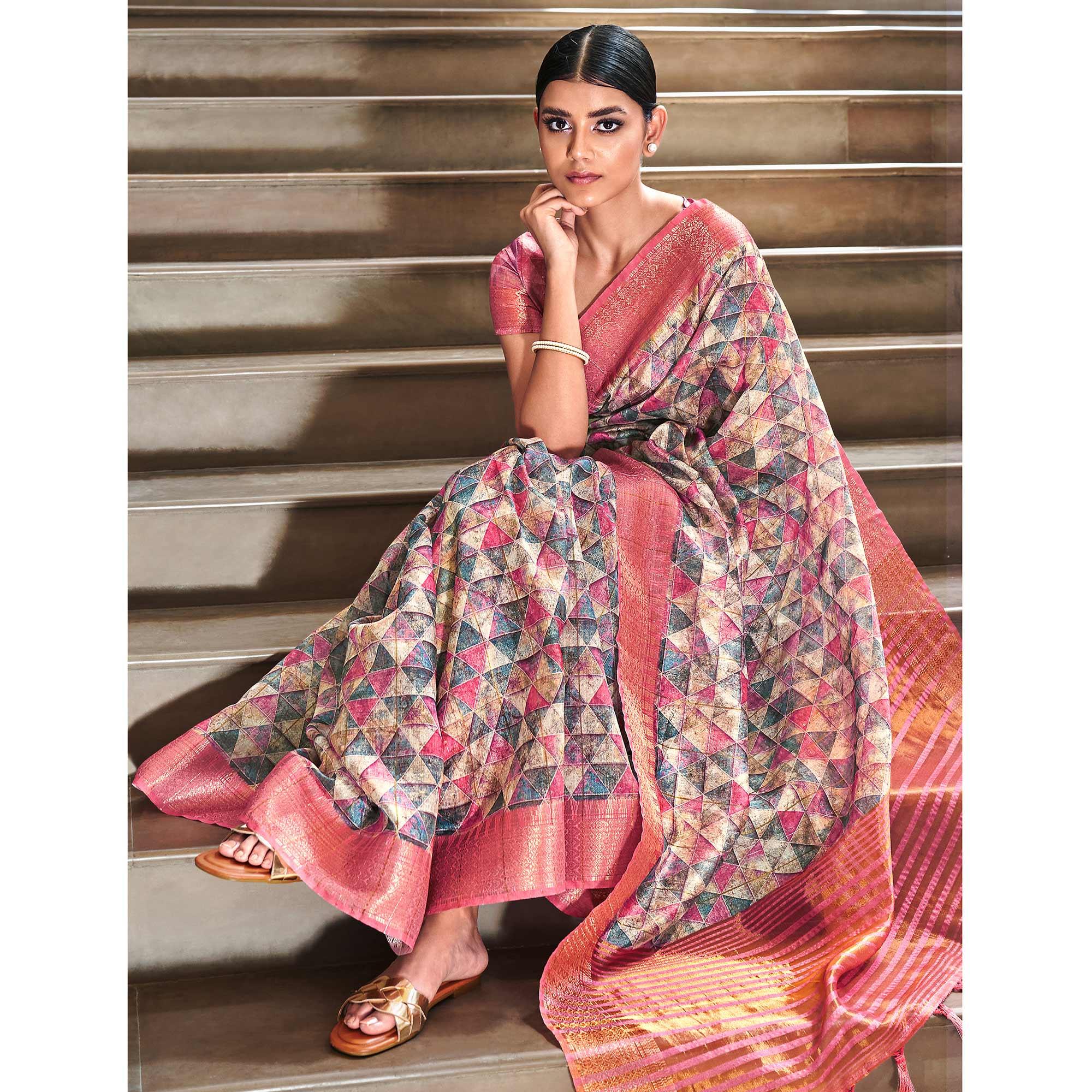 Multicolor Digital Printed-Woven Art Silk Saree With Tassels - Peachmode
