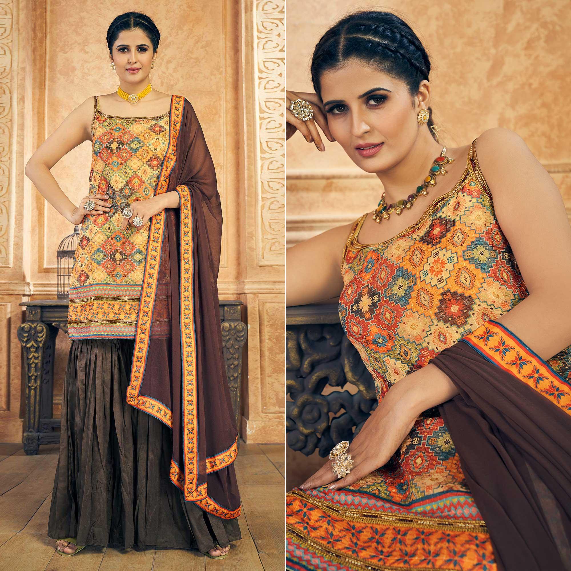 Multicolor Embroidered Chiffon Sharara Suit - Peachmode